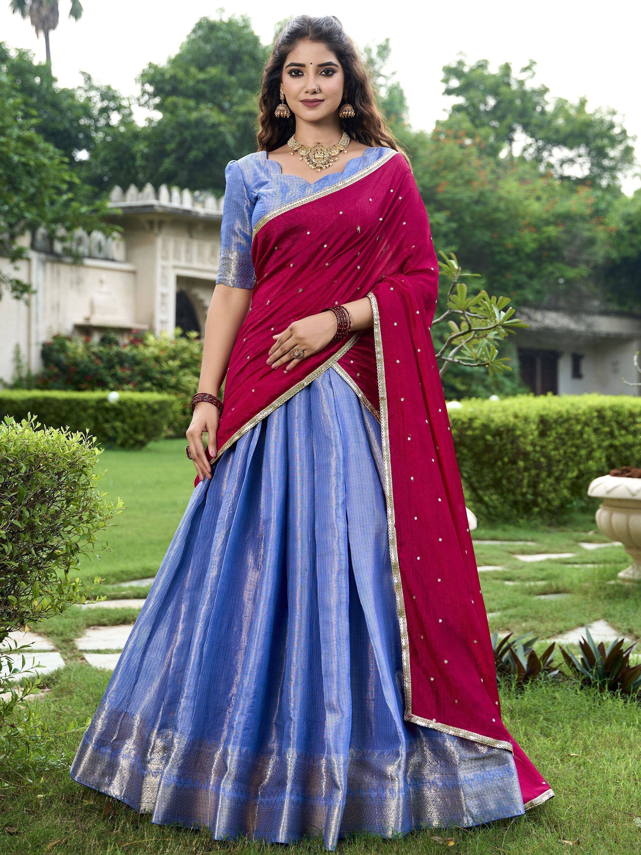 Blue and maroon designer lehenga choli with gold trim, perfect for Indian ethnic wear occasions