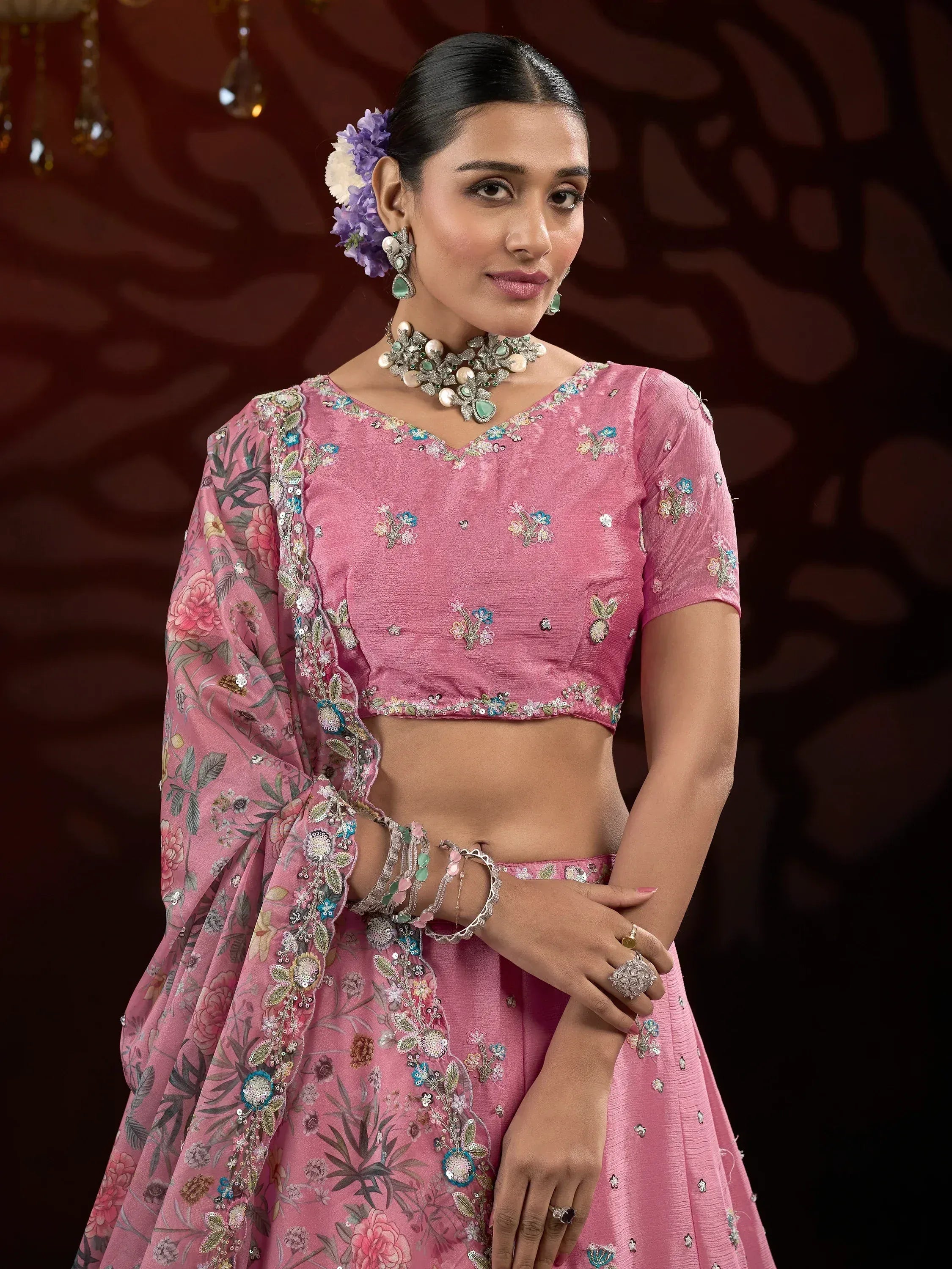 Pink floral embroidered lehenga choli with matching dupatta, perfect for Indian ethnic occasions