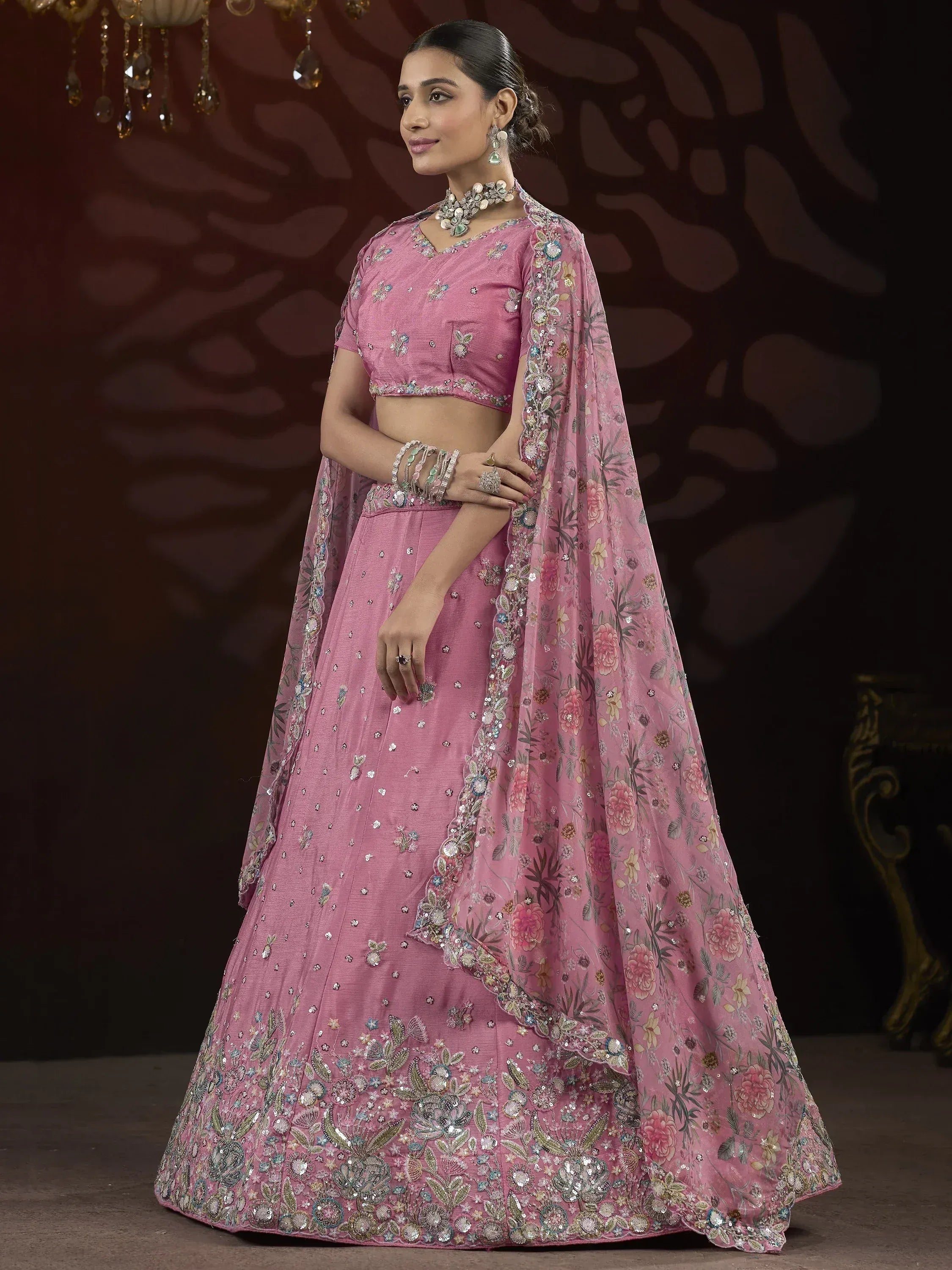 Pink floral embroidered lehenga choli with dupatta, Indian ethnic wear for weddings and festivals