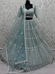 Spectacular Sky Blue Hand Wok Net Bridesmaid Lehenga Choli With Dupatta - Ethnic Plus In
