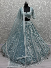 Spectacular Sky Blue Pearl Work Net Bridesmaid Lehenga Choli - Ethnic Plus In