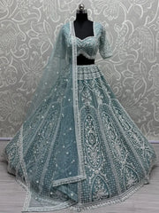 Spectacular Sky Blue Pearl Work Net Bridesmaid Lehenga Choli - Ethnic Plus In