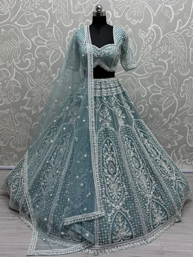 Spectacular Sky Blue Pearl Work Net Bridesmaid Lehenga Choli - Ethnic Plus In
