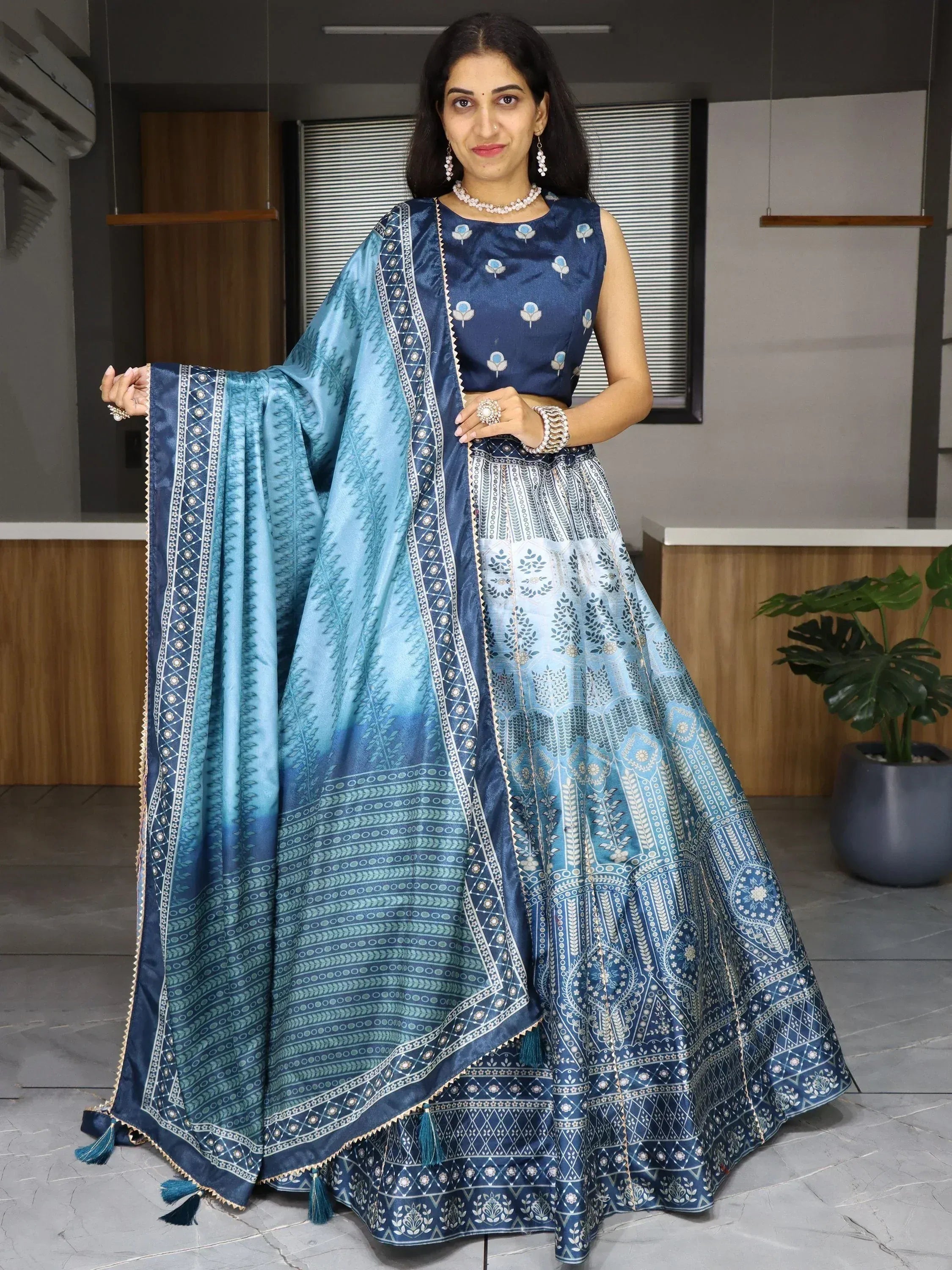 Blue printed lehenga choli with matching dupatta, ethnic Indian wear for women