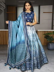 Spectacular Sky Blue Printed Art Silk Wedding Wear Lehenga Choli - Ethnic Plus In