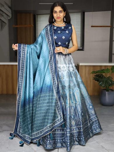 Spectacular Sky Blue Printed Art Silk Wedding Wear Lehenga Choli - Ethnic Plus In