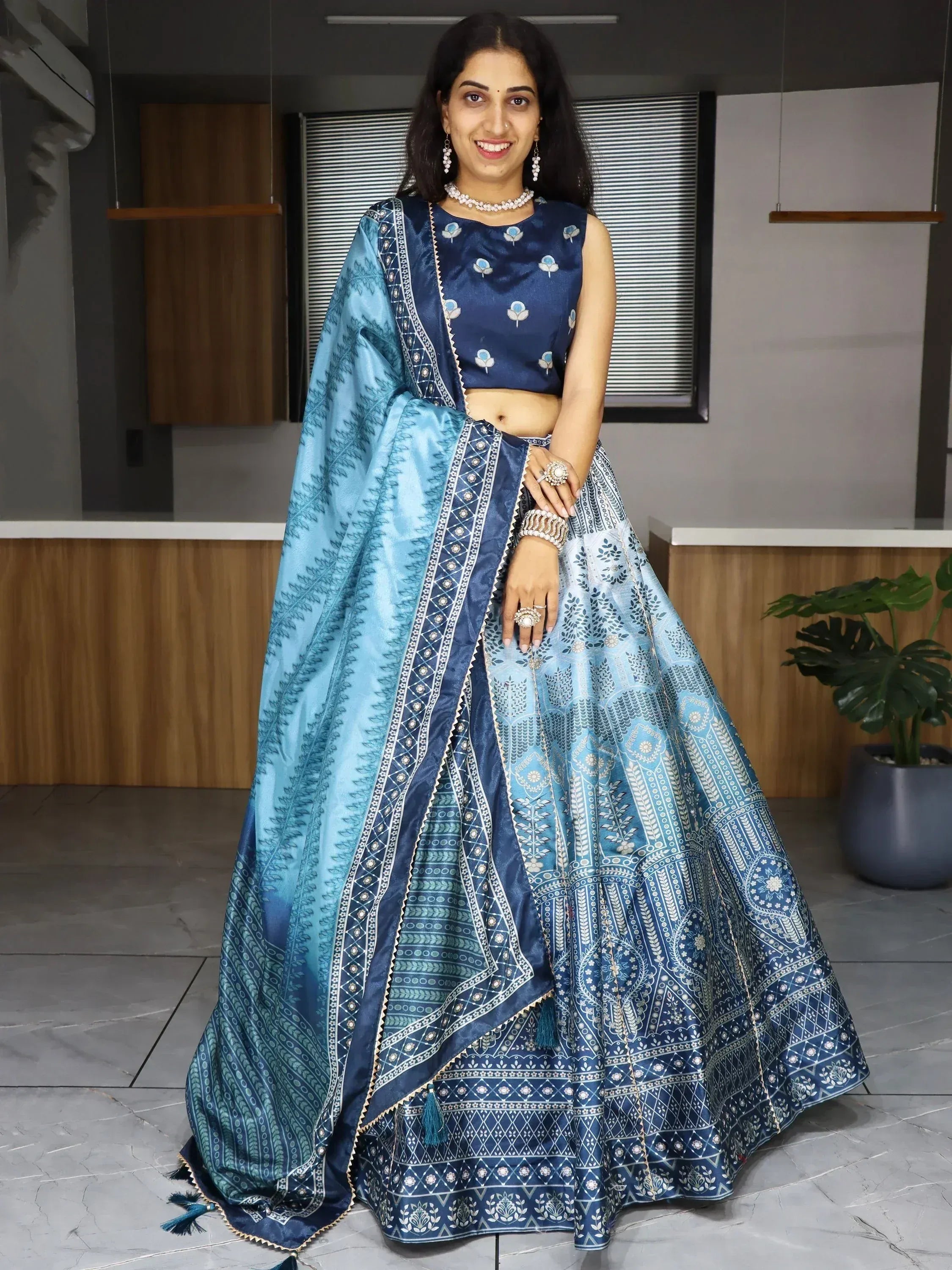 Blue printed lehenga choli with matching dupatta, Indian ethnic wear for women