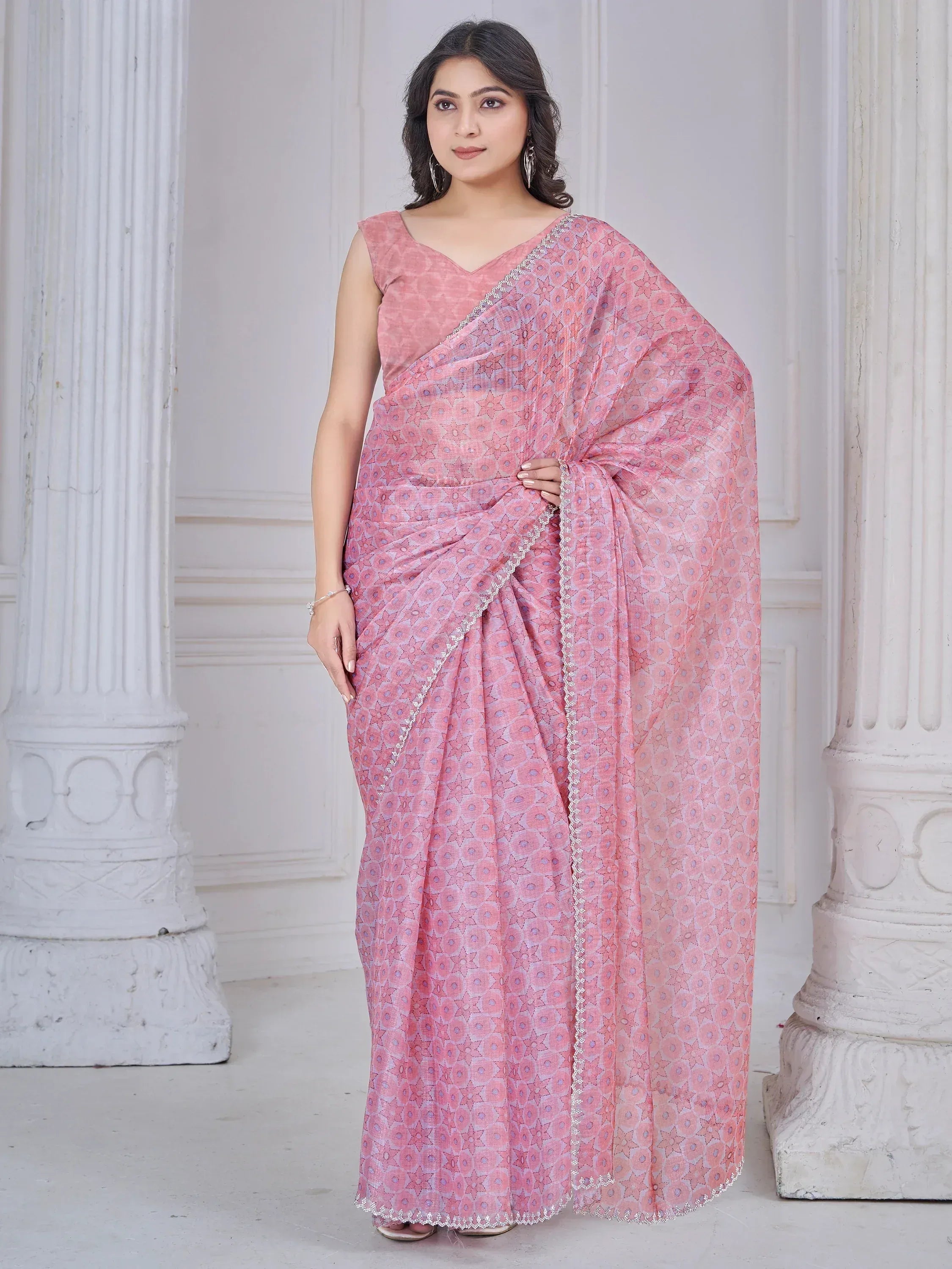 Pink printed saree with silver border, ethnic wear for women, stylish Indian designer saree