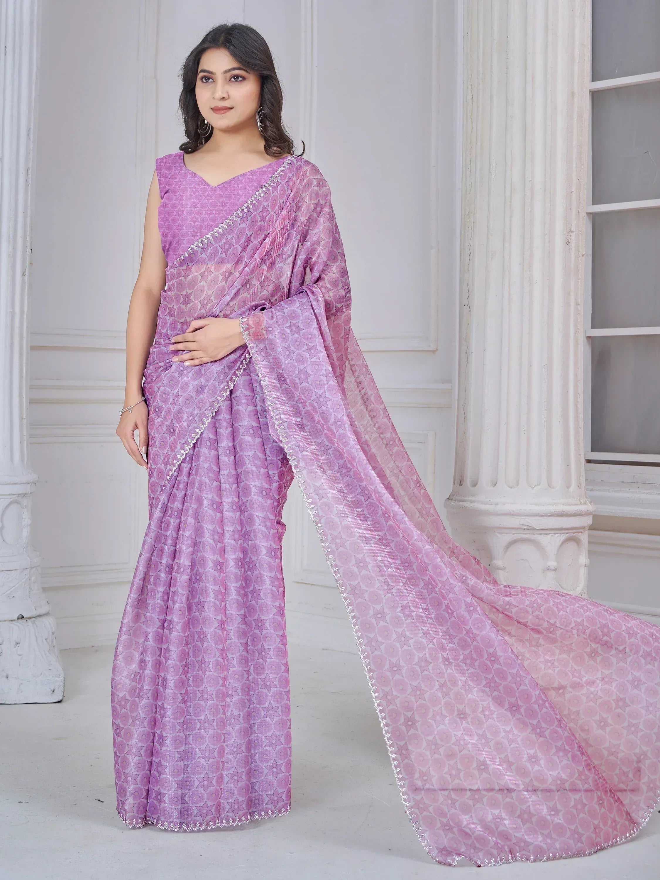 Purple printed saree with silver border, ethnic Indian wear for women