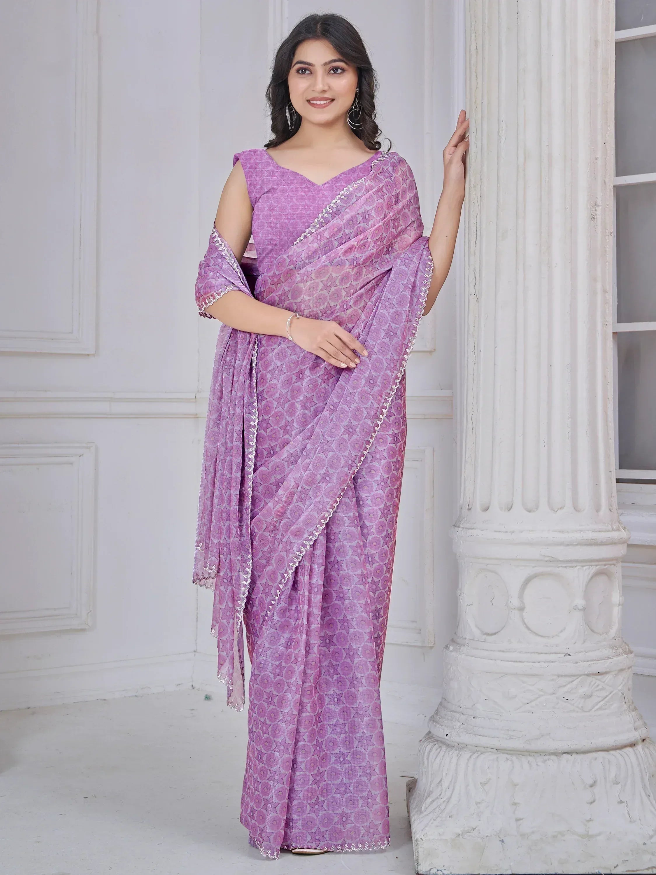 Purple printed saree with lace border, stylish ethnic wear for women