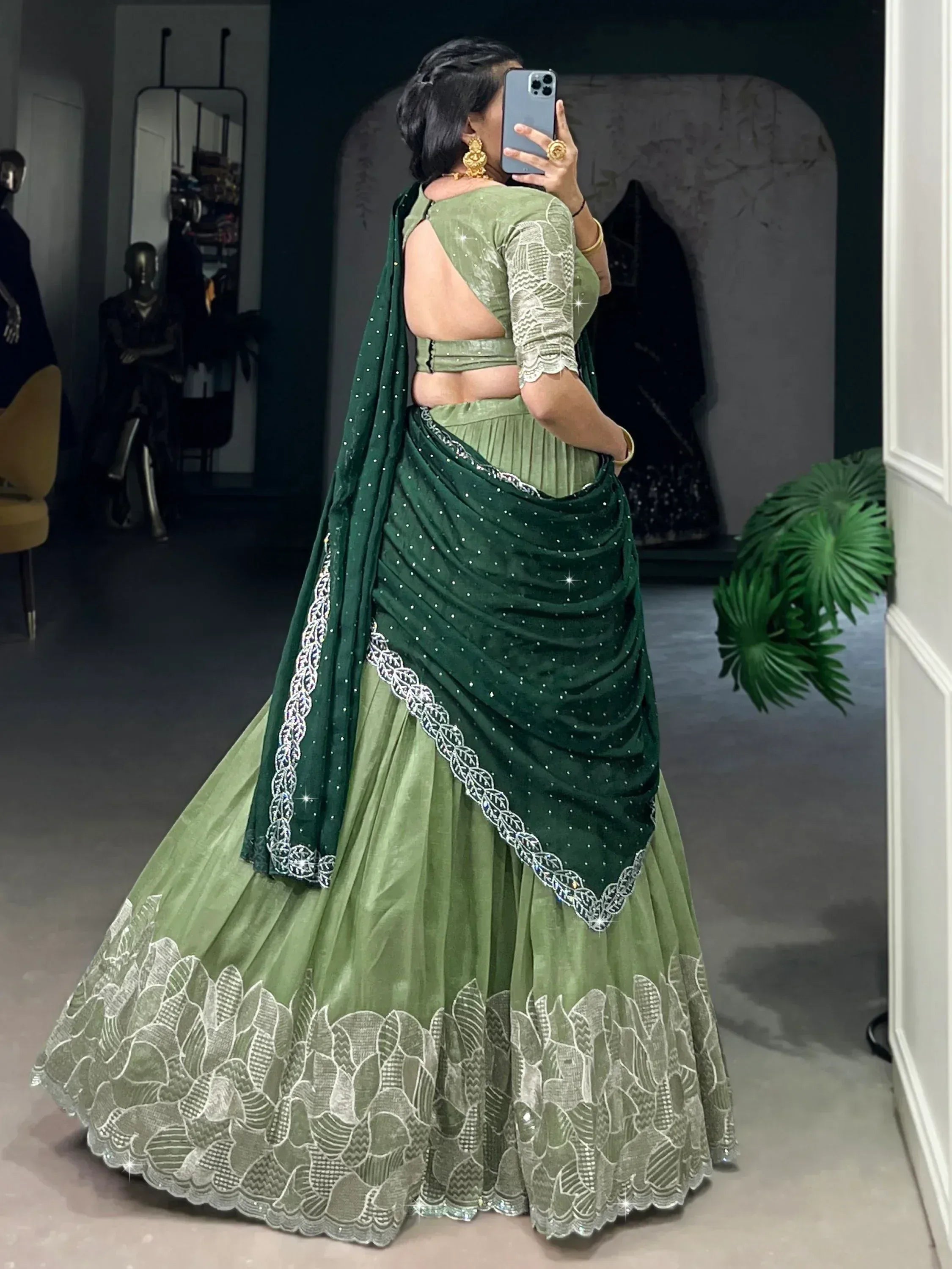 Green designer lehenga choli with sequin dupatta, perfect for Indian ethnic wear occasions