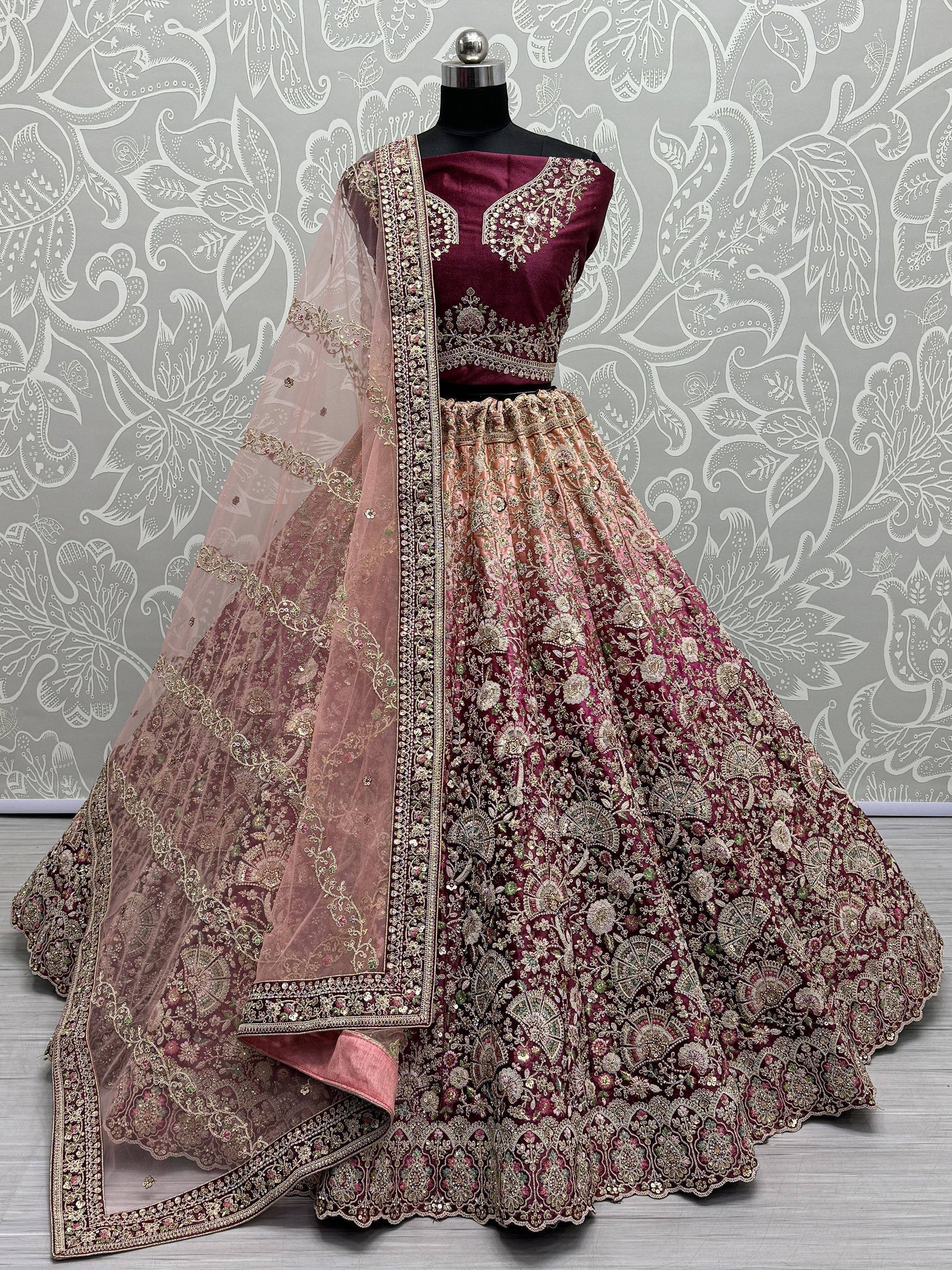 Maroon and gold embroidered lehenga choli with net dupatta, Indian ethnic wear for weddings and festivals