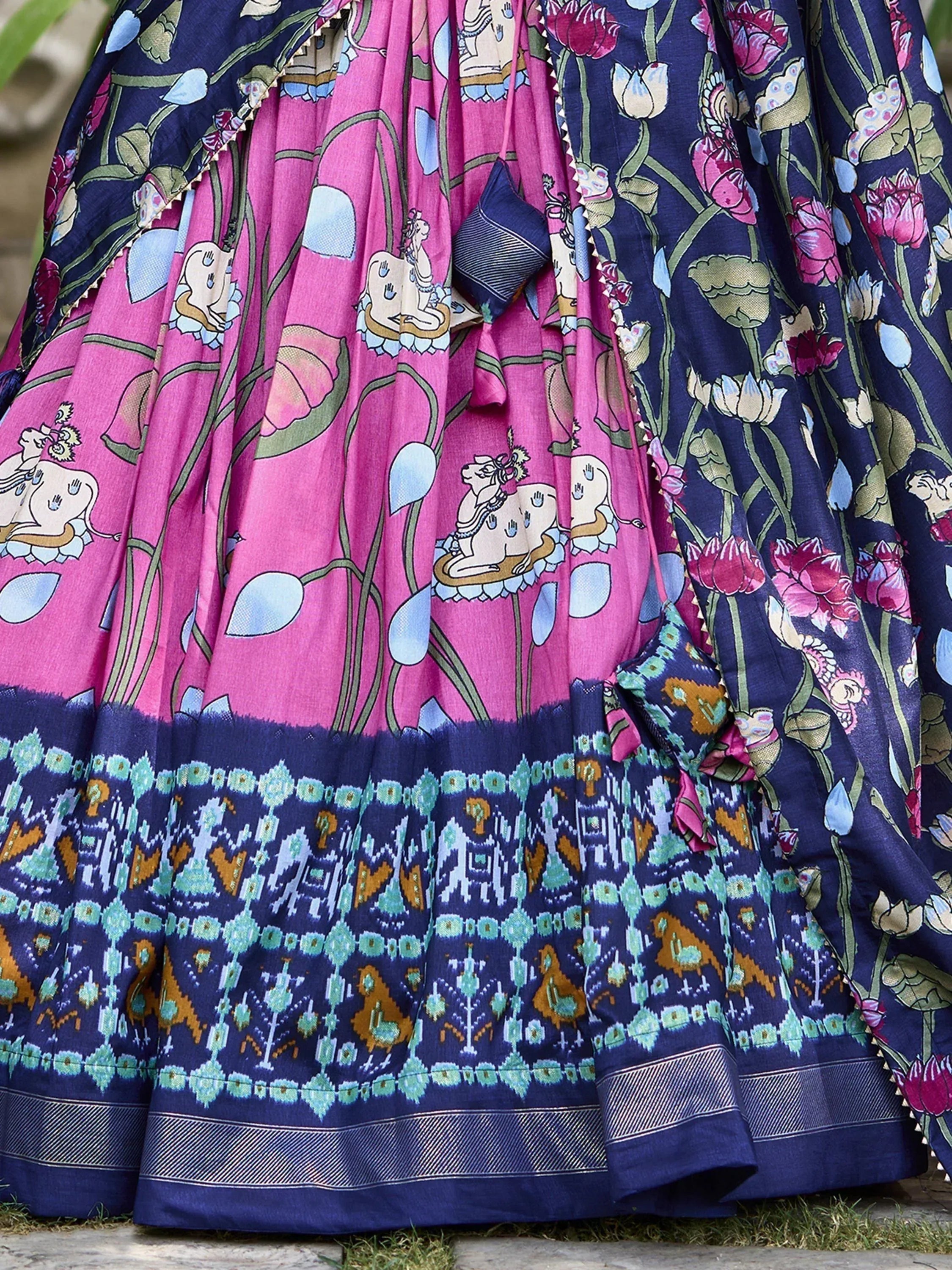 Pink and navy blue floral printed lehenga with elephant motifs and ikat border, Indian ethnic wear