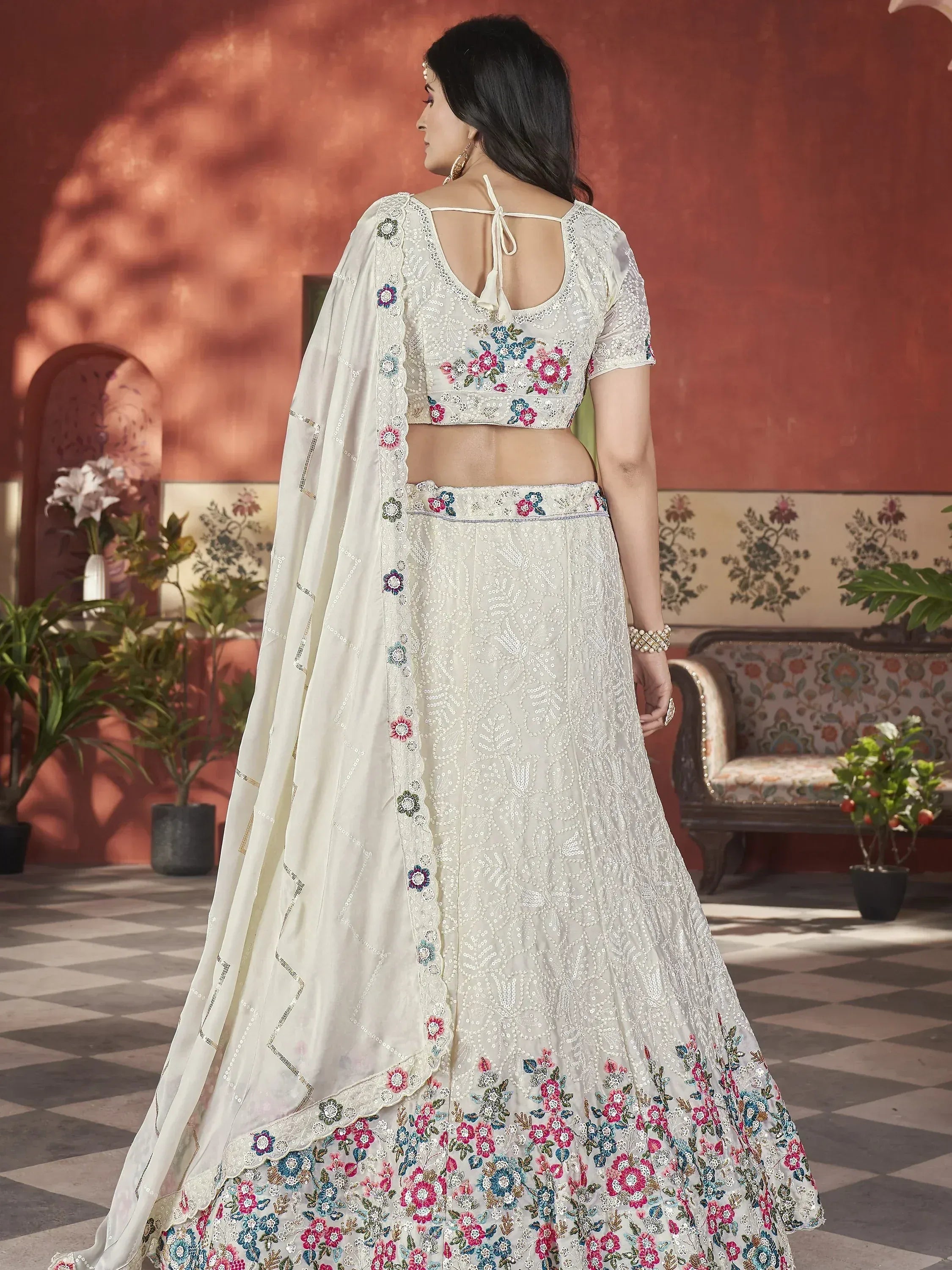 White floral embroidered lehenga choli with back tie blouse and dupatta, Indian ethnic wear