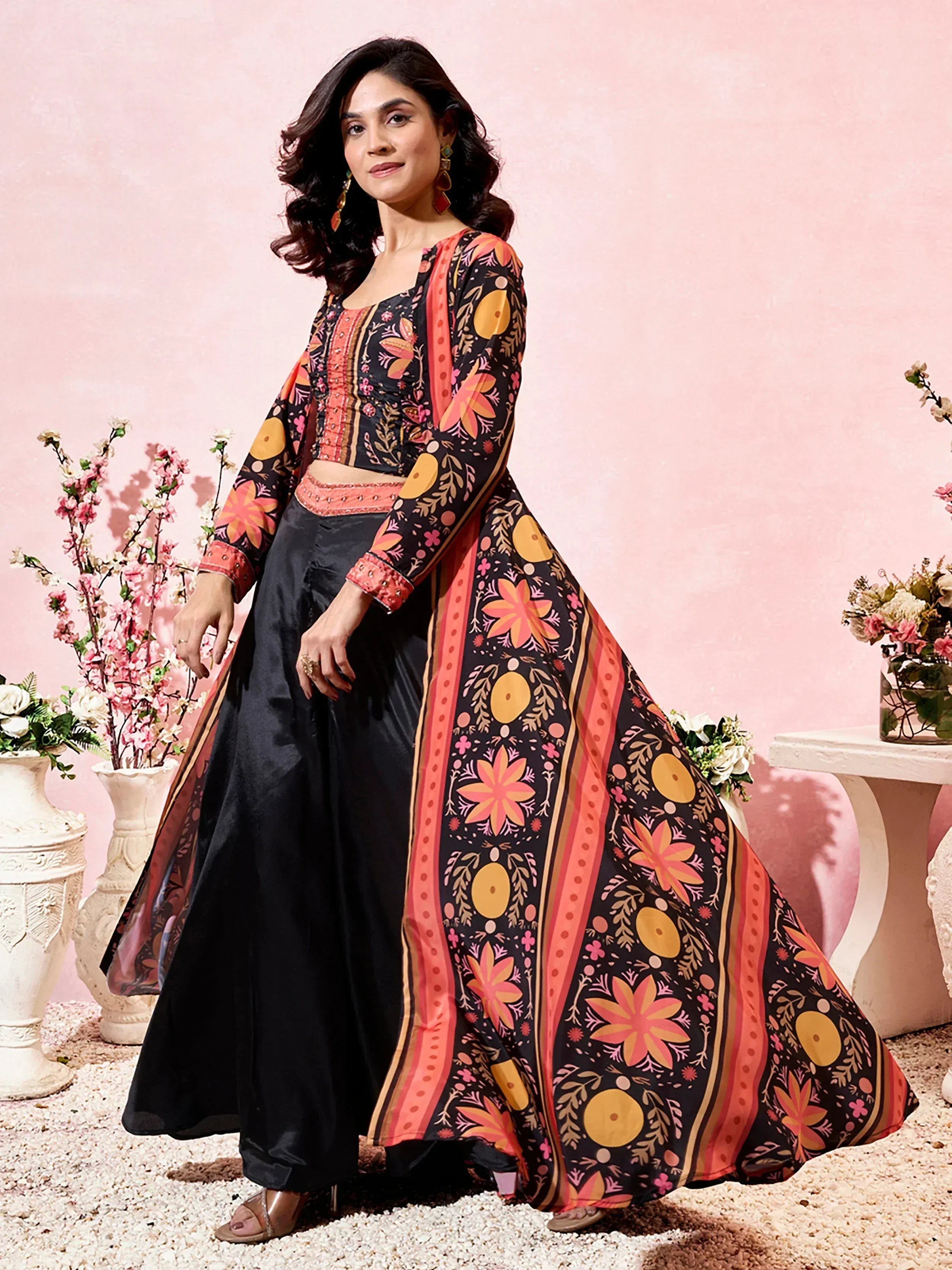 Floral print ethnic anarkali suit with black palazzo, perfect for Indian occasions and festive wear