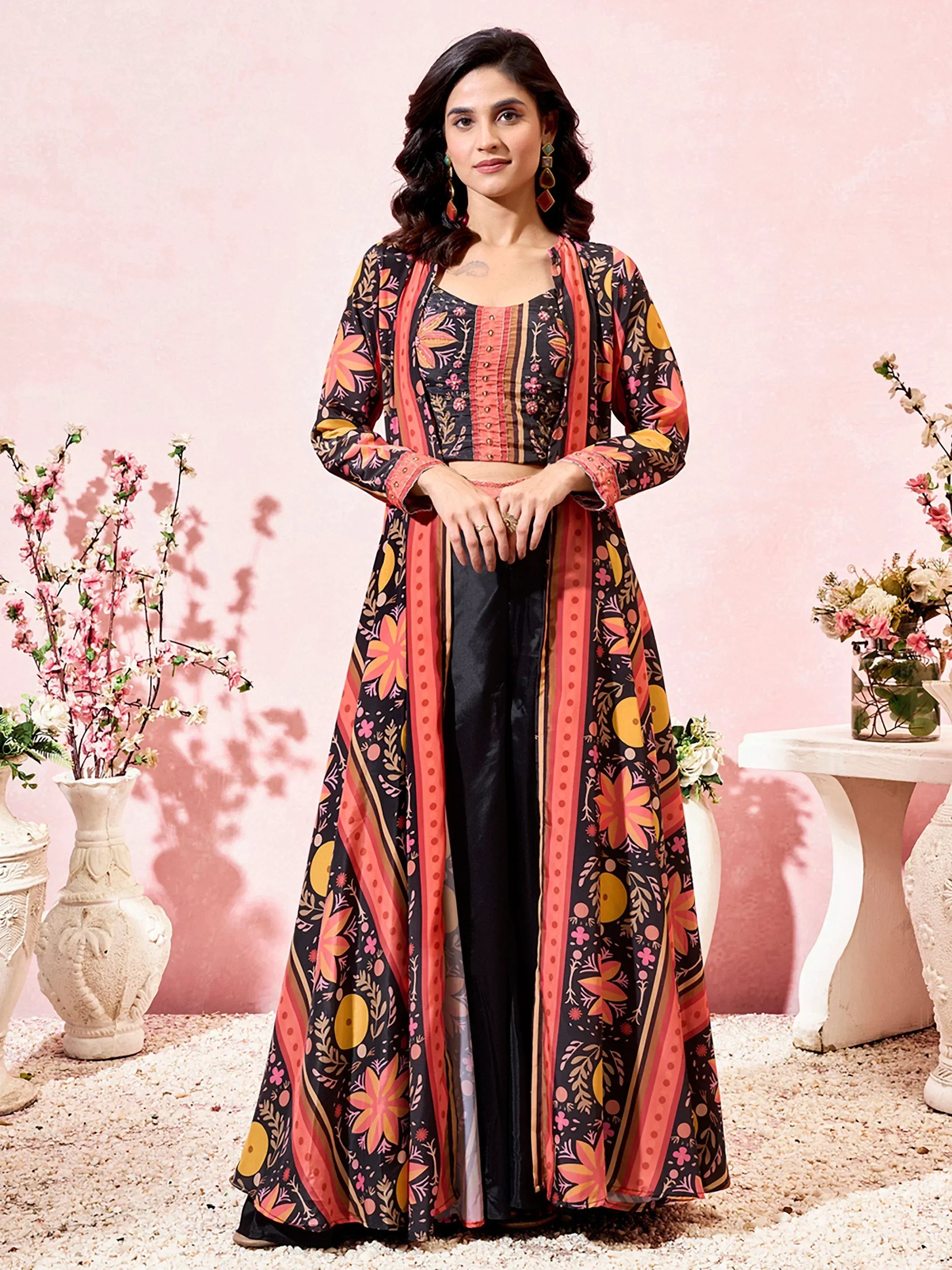 Floral print Indian ethnic wear with black palazzo and crop top, perfect for festive occasions