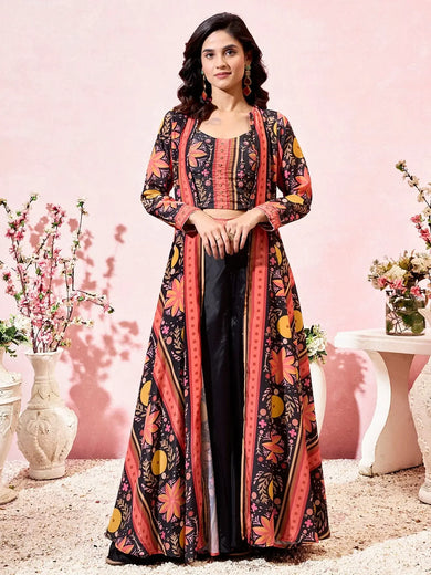 Stunning Black Crepe Designer Crop Top Palazzo With Shrug - Ethnic Plus In