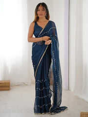 Stunning Blue Chiffon Sequins Saree With Blouse - Ethnic Plus In