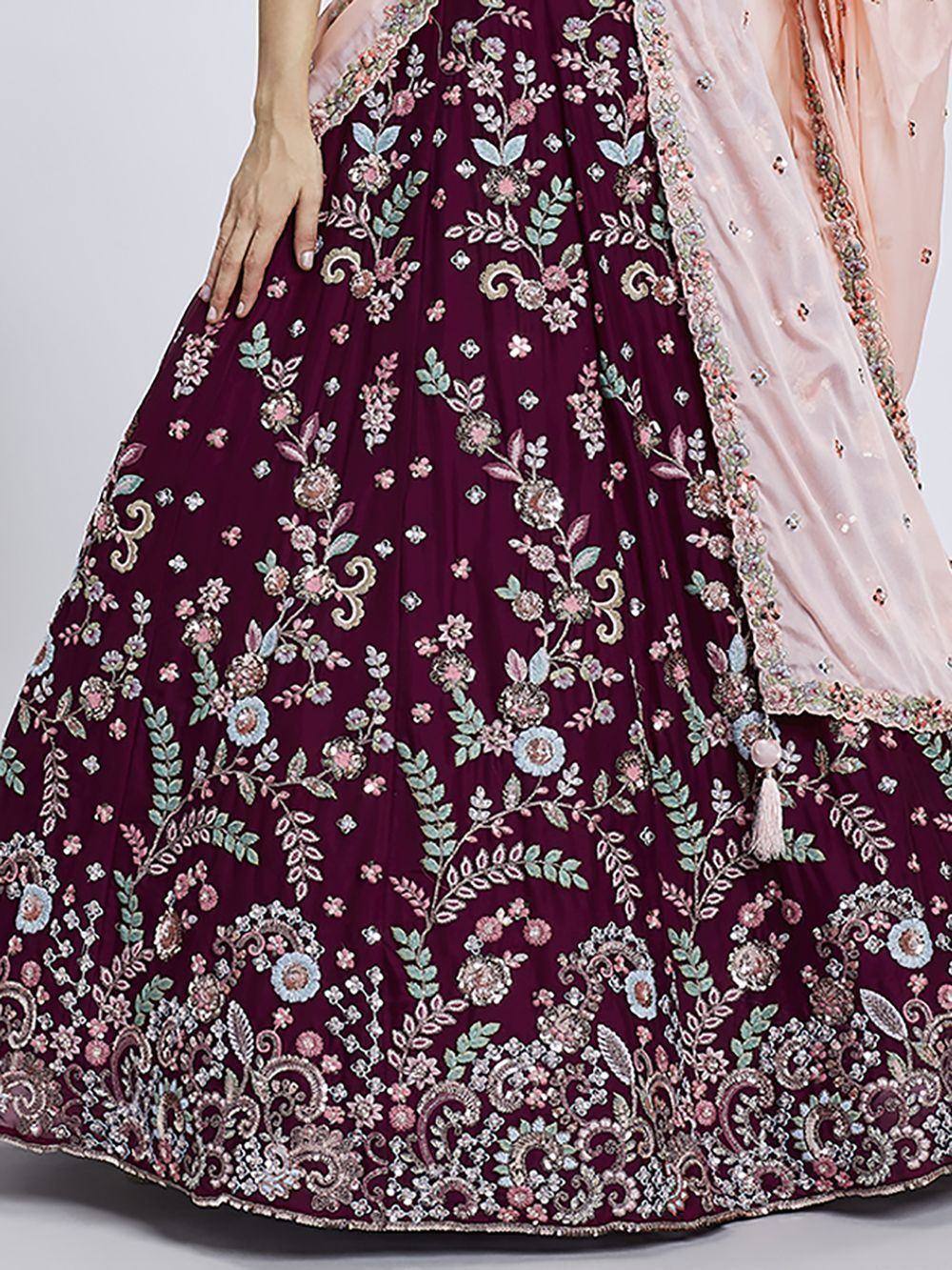 Maroon lehenga with floral embroidery and pink dupatta, Indian ethnic wear