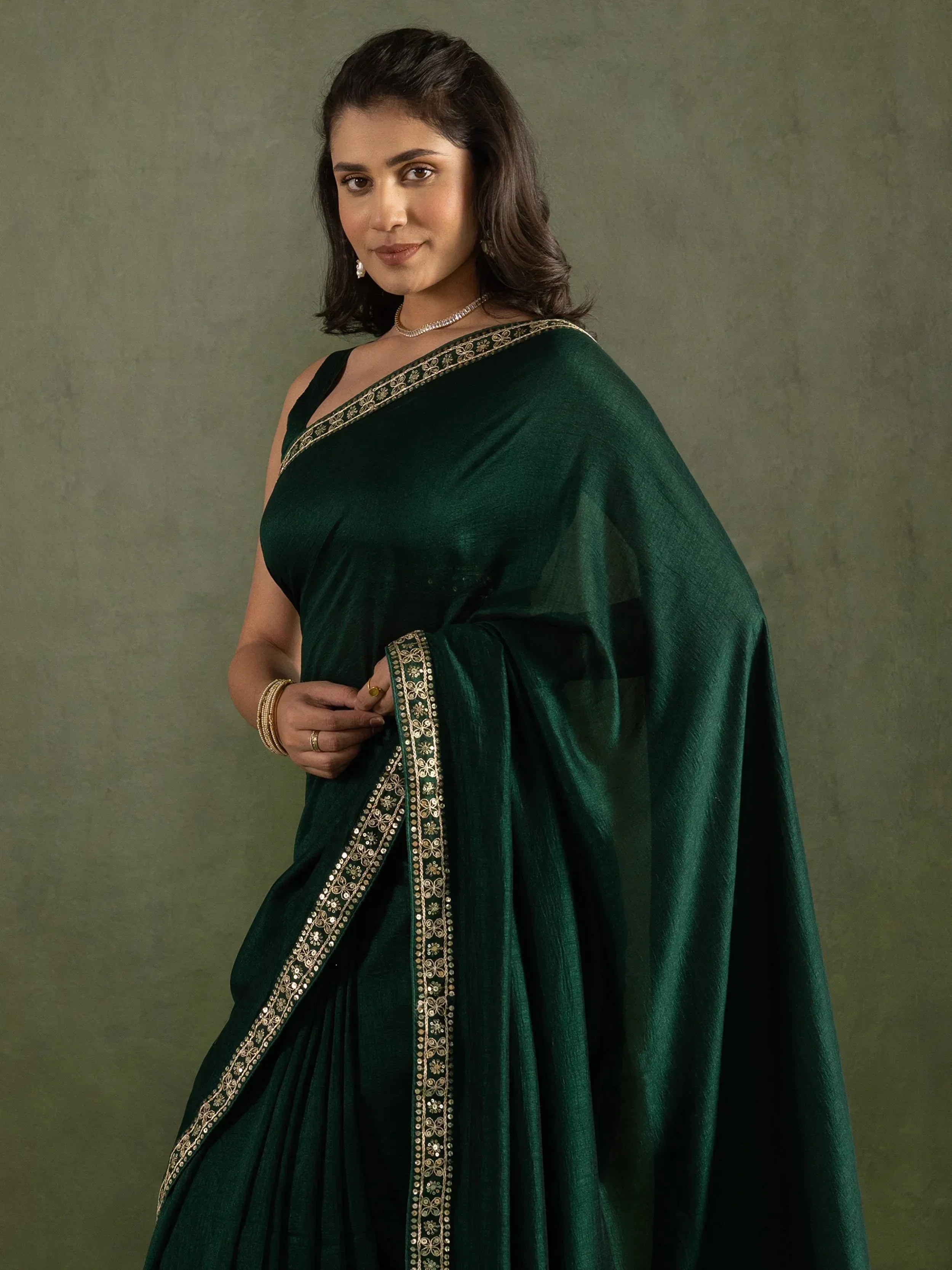 Emerald green saree with gold embroidery, Indian ethnic wear for women