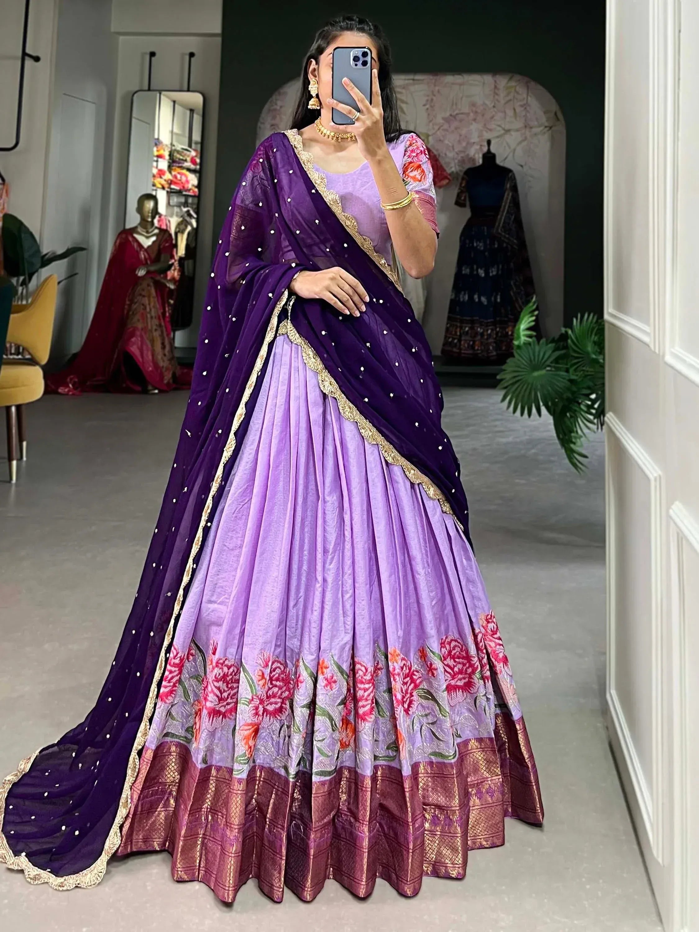 Purple floral lehenga choli with gold trim and sheer dupatta, Indian ethnic wear