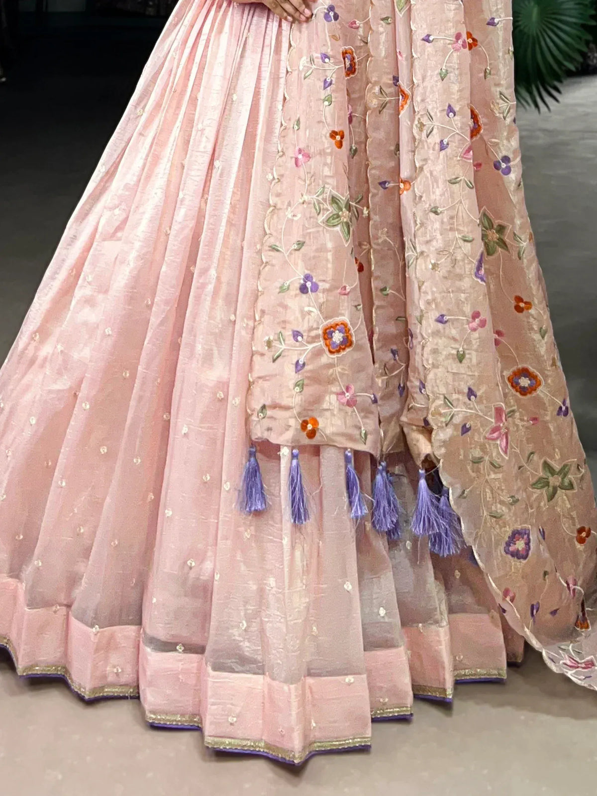 Pink floral embroidered lehenga choli with tassels, Indian ethnic wear