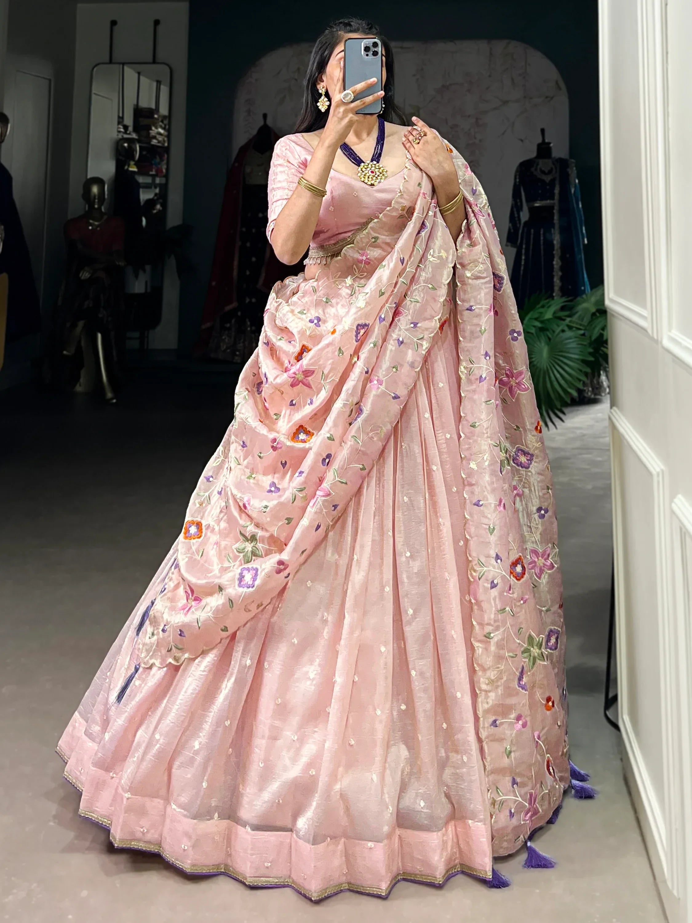 Pink floral embroidered lehenga choli with dupatta, Indian ethnic wear for weddings and festivals