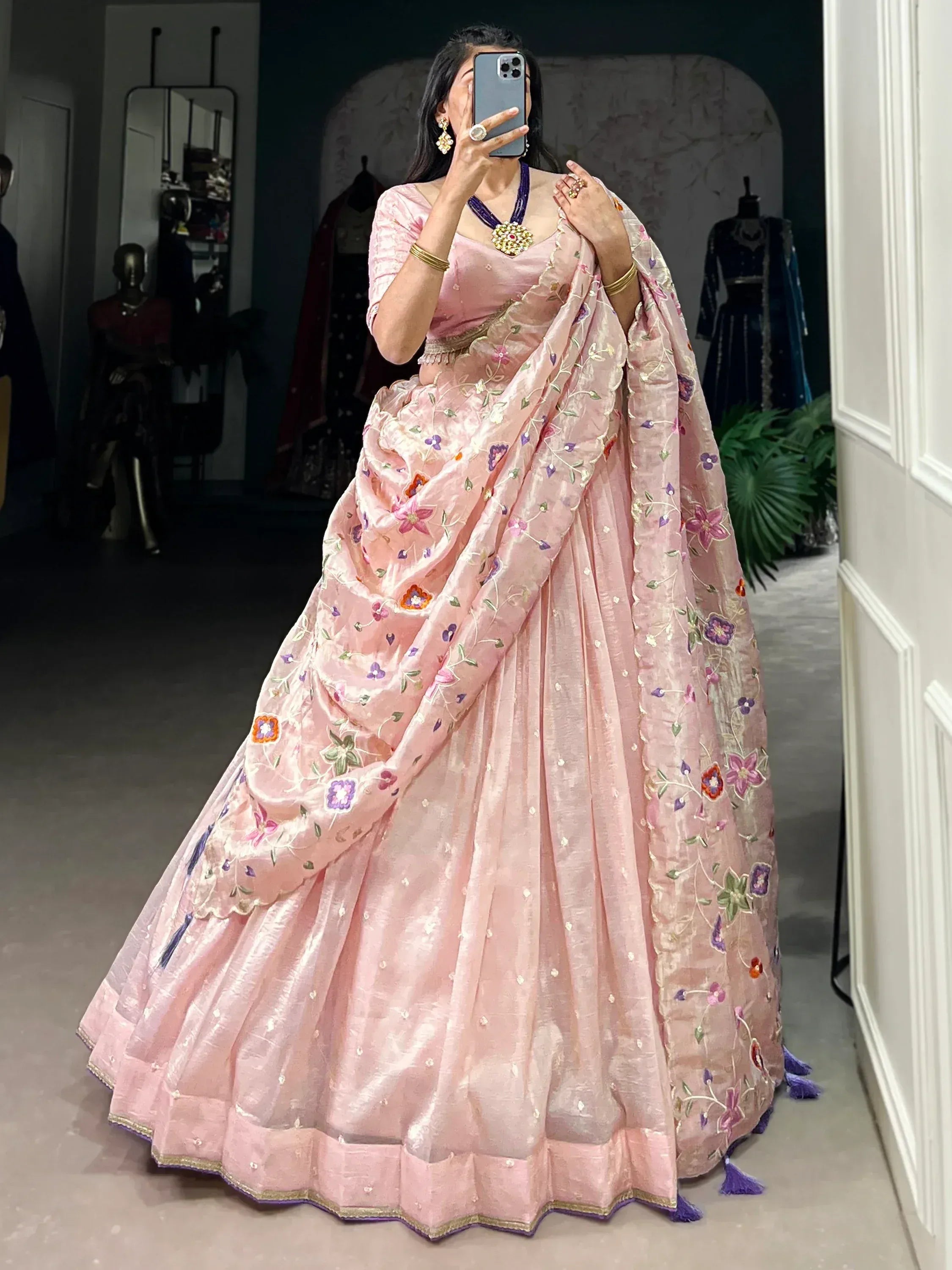 Pink floral embroidered lehenga choli with dupatta, Indian ethnic wear for weddings and festivals