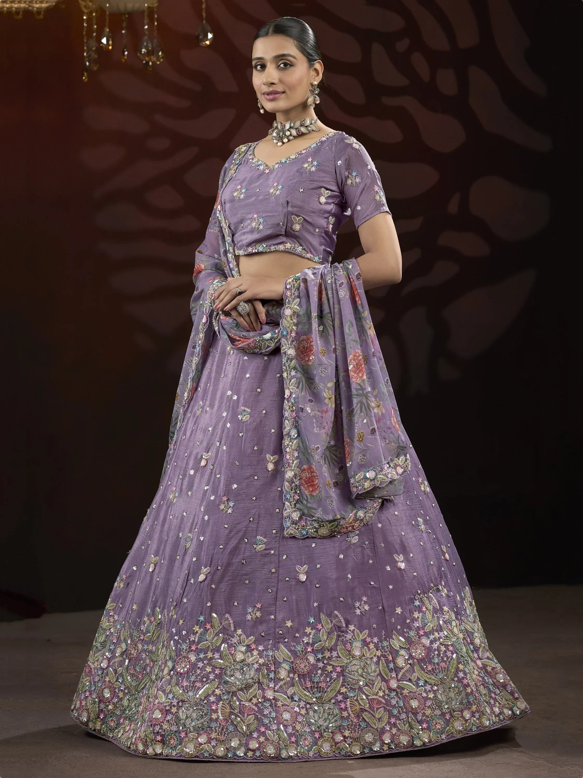 Stunning Lilac Embroidered Net Designer Lehenga Choli With Dupatta - Ethnic Plus In