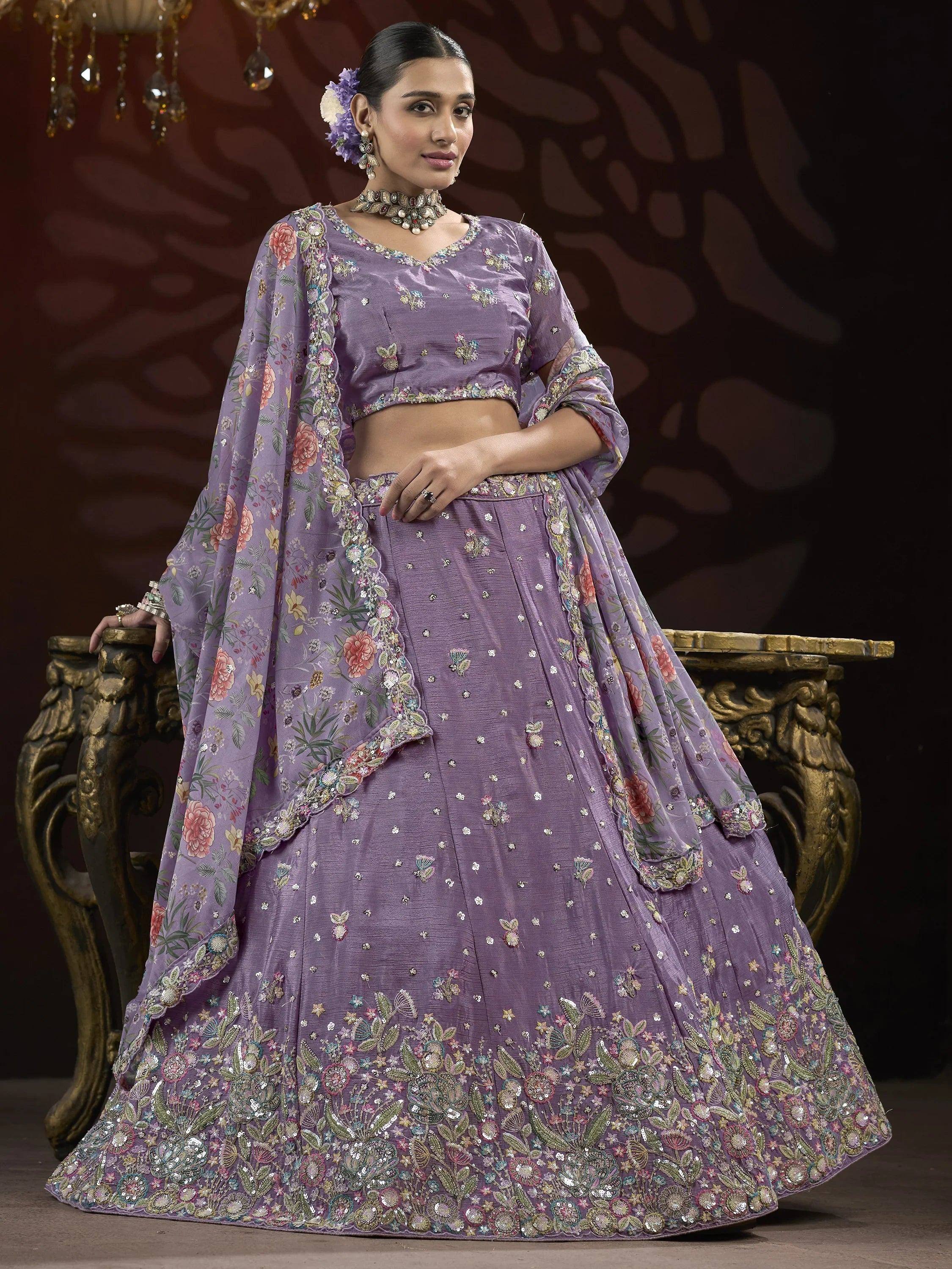 Purple floral embroidered lehenga choli with dupatta, Indian ethnic wear for weddings and parties