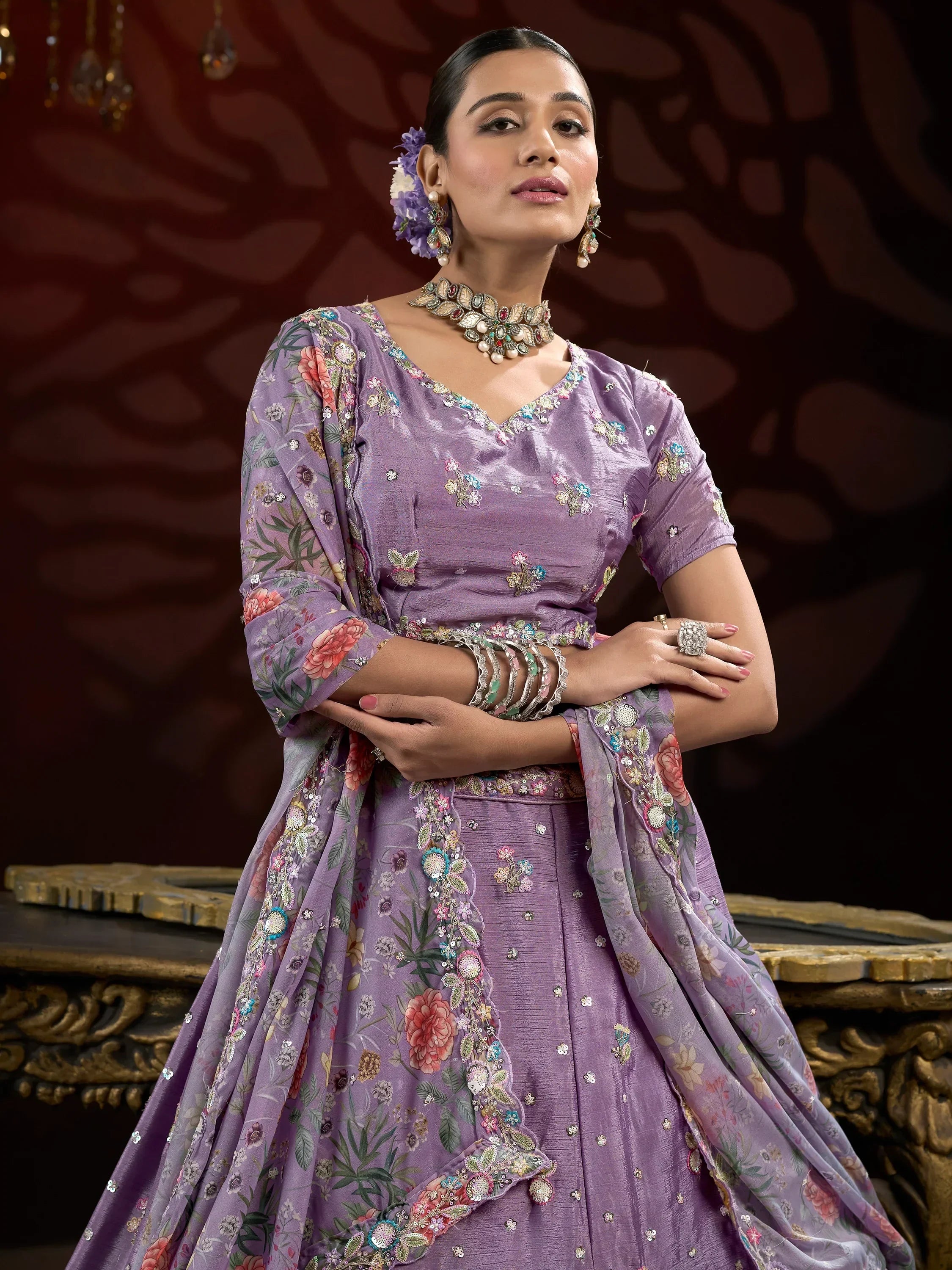 Stunning Lilac Embroidered Net Designer Lehenga Choli With Dupatta - Ethnic Plus In