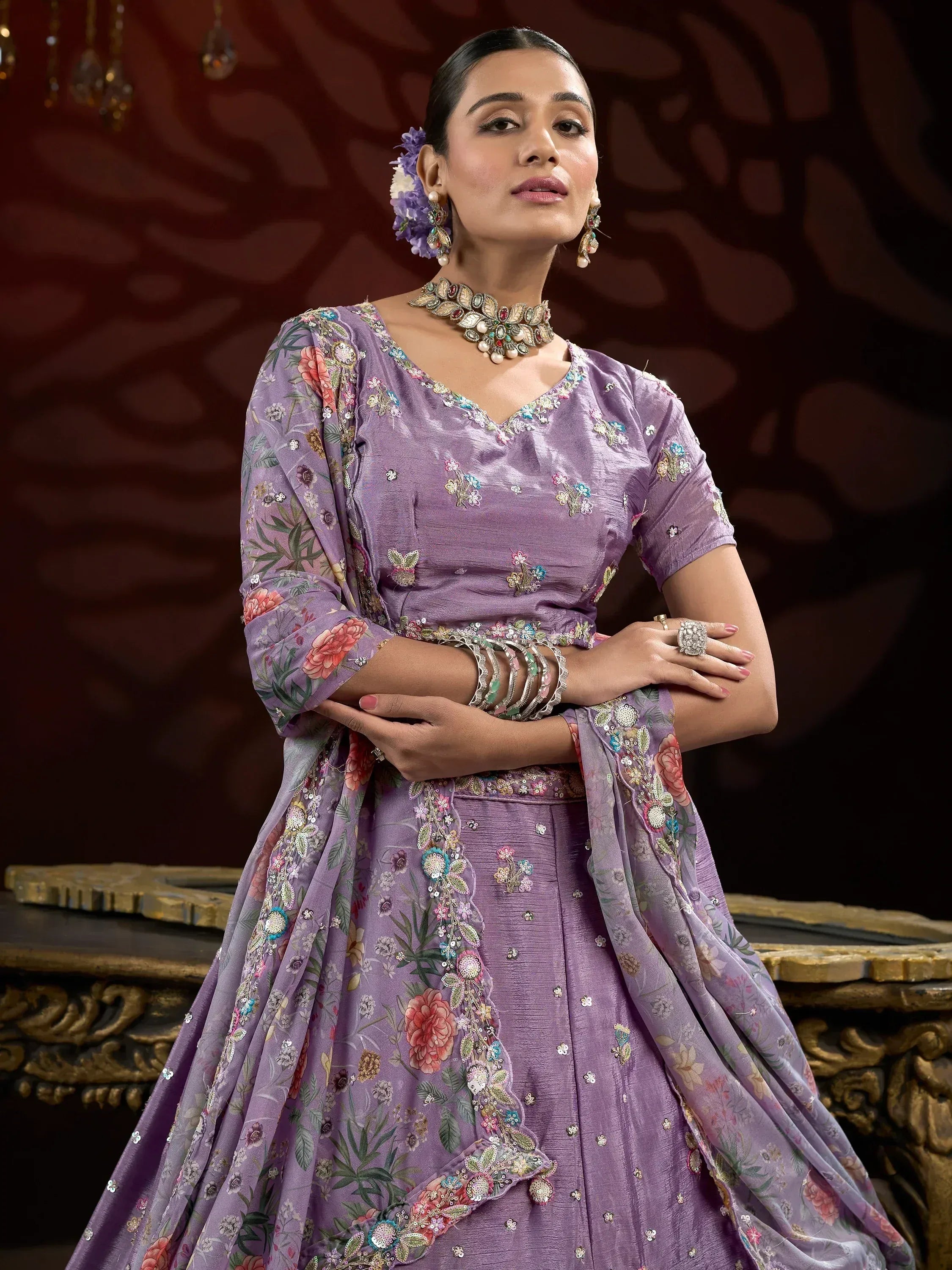 Purple floral embroidered lehenga choli with matching dupatta, traditional Indian ethnic wear