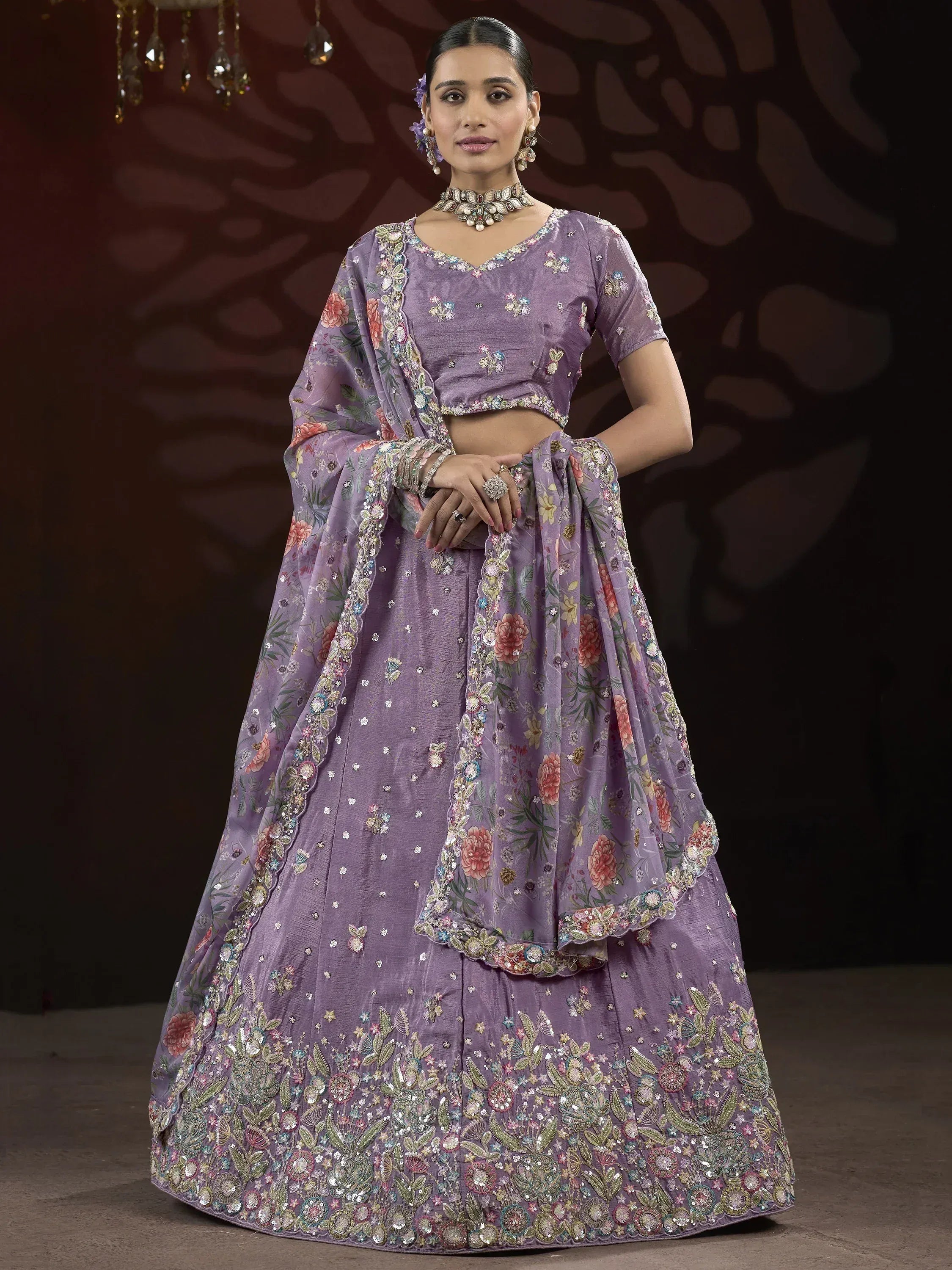 Lavender floral embroidered lehenga choli with matching dupatta, perfect for Indian ethnic occasions.