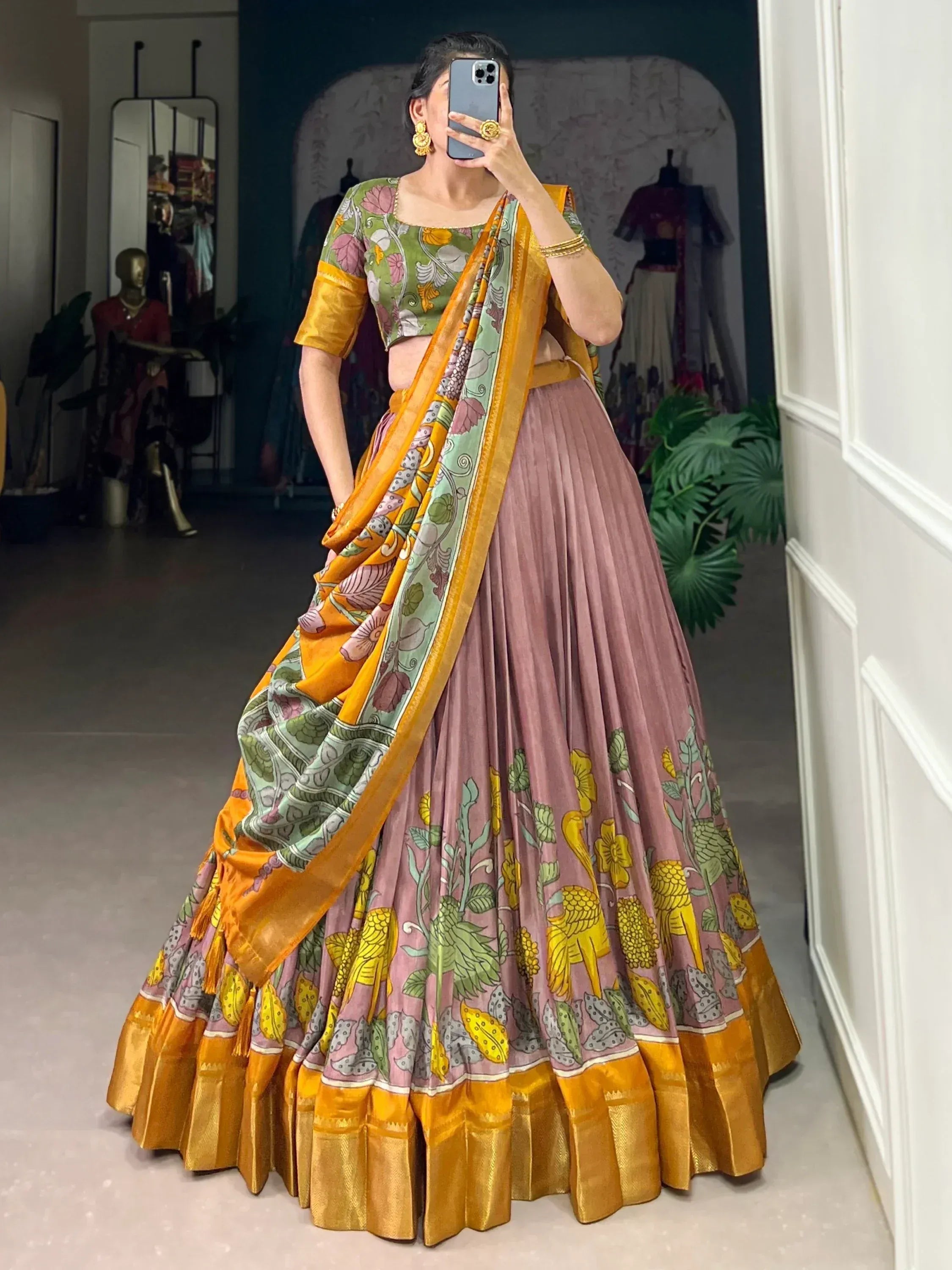 Floral print lehenga choli with pleated skirt and dupatta, Indian ethnic wear for women
