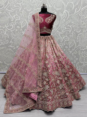 Stunning Magenta Embroidered Velvet Bridal Lehenga Choli With Dupatta - Ethnic Plus In