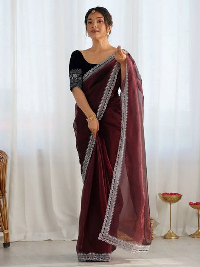 Stunning Maroon Net Golden Zari Traditional Saree With Blouse - Ethnic Plus In