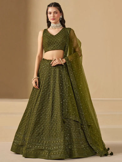 Stunning Mehendi Green Sequins Georgette Monochrome Lehenga Choli - Ethnic Plus In