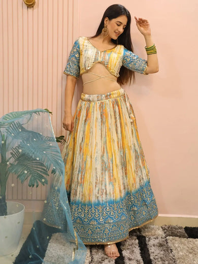 Stunning Multi Color Chinon Thread Embroidered Lehenga Choli - Ethnic Plus In