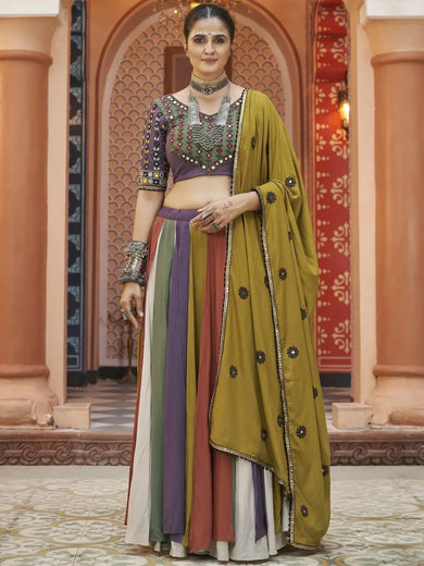 Stunning Multi Color Embroidered Rayon Navratri Lehenga Choli With Dupatta - Ethnic Plus In