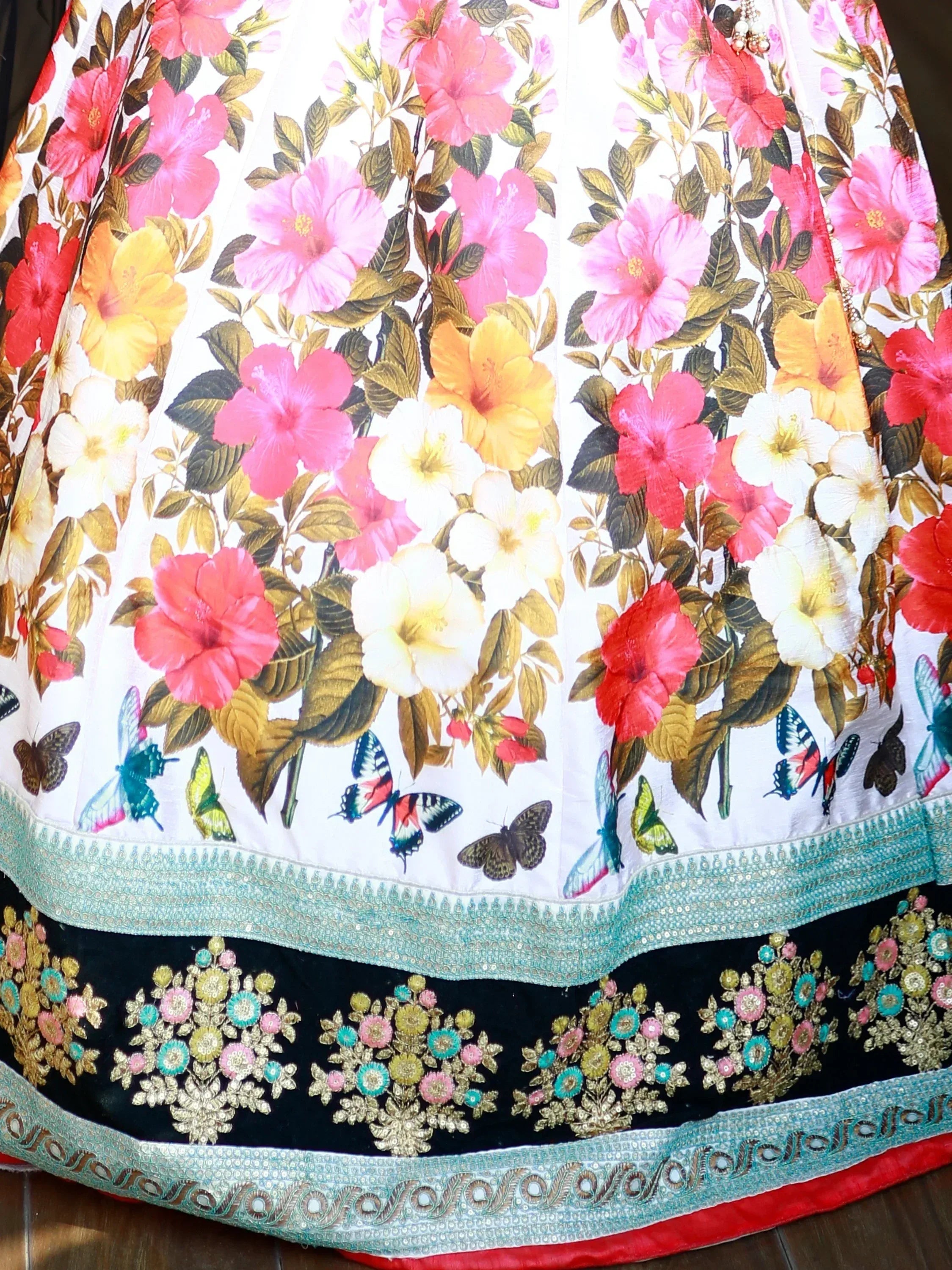 Floral print lehenga with butterflies and embroidered border, Indian ethnic wear