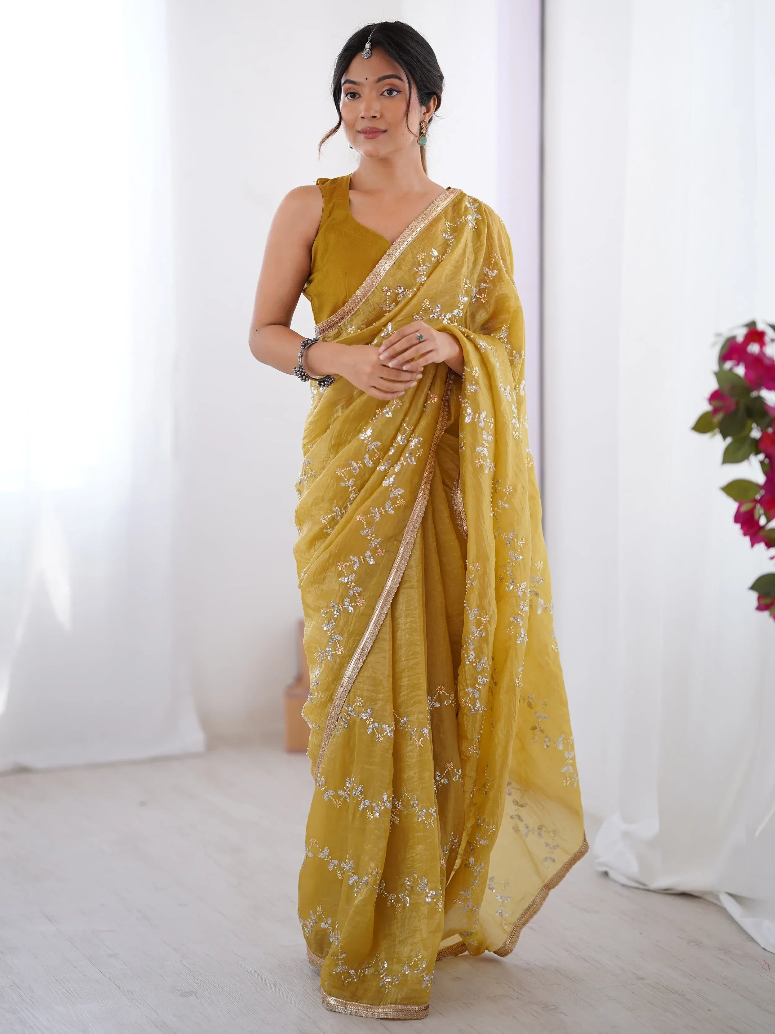 Stunning Mustard Yellow Organza Haldi Wear Saree With Blouse - Ethnic Plus In