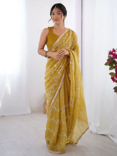 Stunning Mustard Yellow Organza Haldi Wear Saree With Blouse - Ethnic Plus In