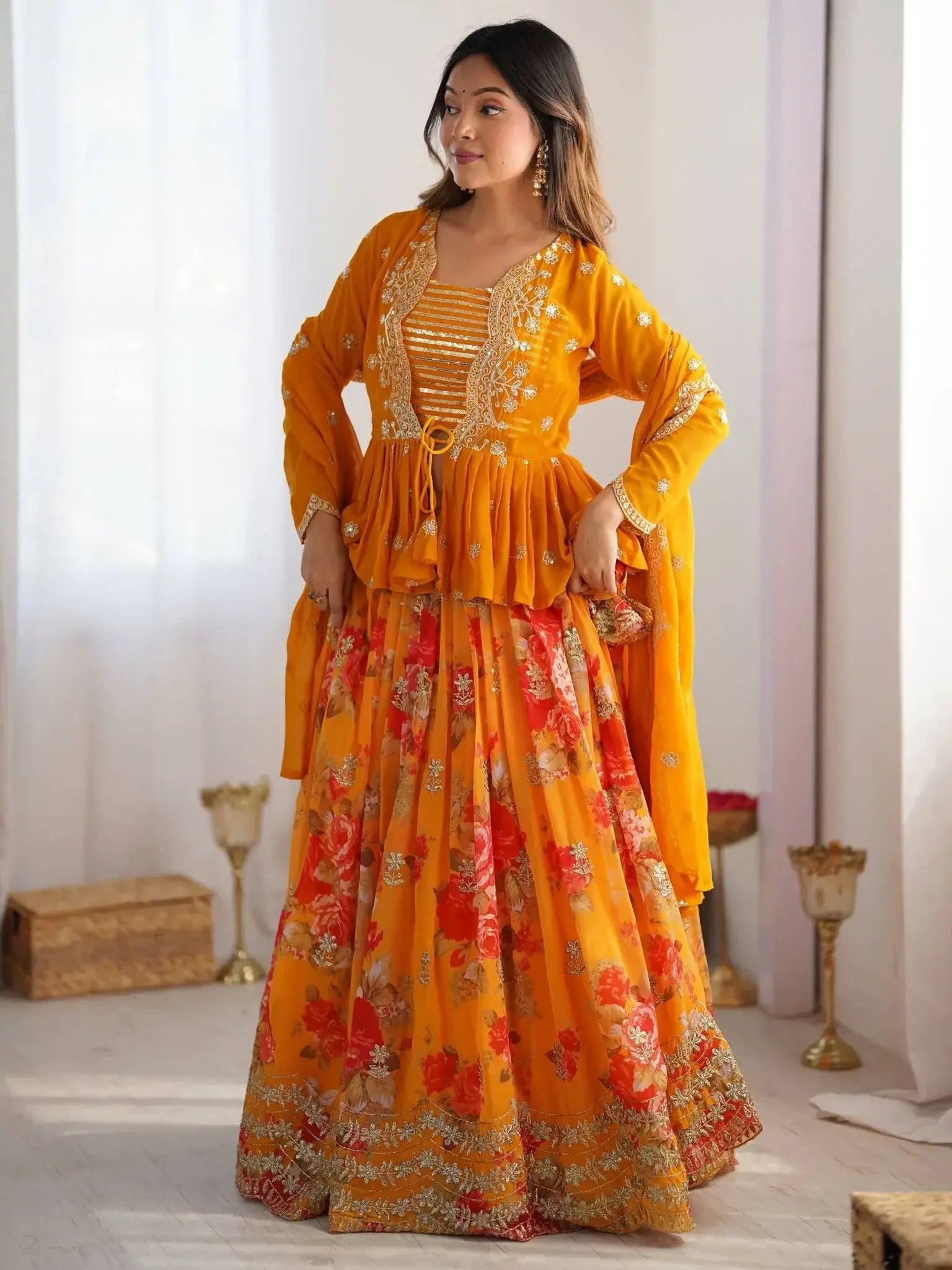 Stunning Mustard Yellow Printed Georgette Crop Top Lehenga With Jacket - Ethnic Plus In