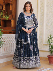 Stunning Navy Blue Sequins Georgette Lehenga Choli With Dupatta - Ethnic Plus In
