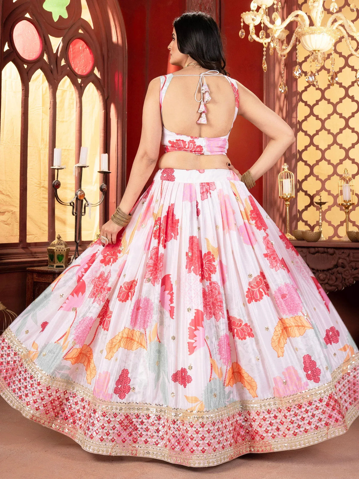 White floral lehenga choli with pink and orange print, back view, ethnic wear for women