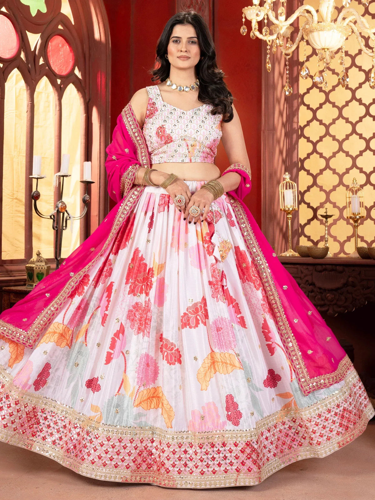White and pink floral lehenga choli with gold embroidery, perfect for Indian ethnic wear occasions