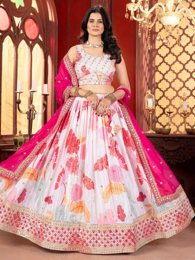 Stunning Off - White Floral Printed Lehenga Choli With Georgette Dupatta - Ethnic Plus In