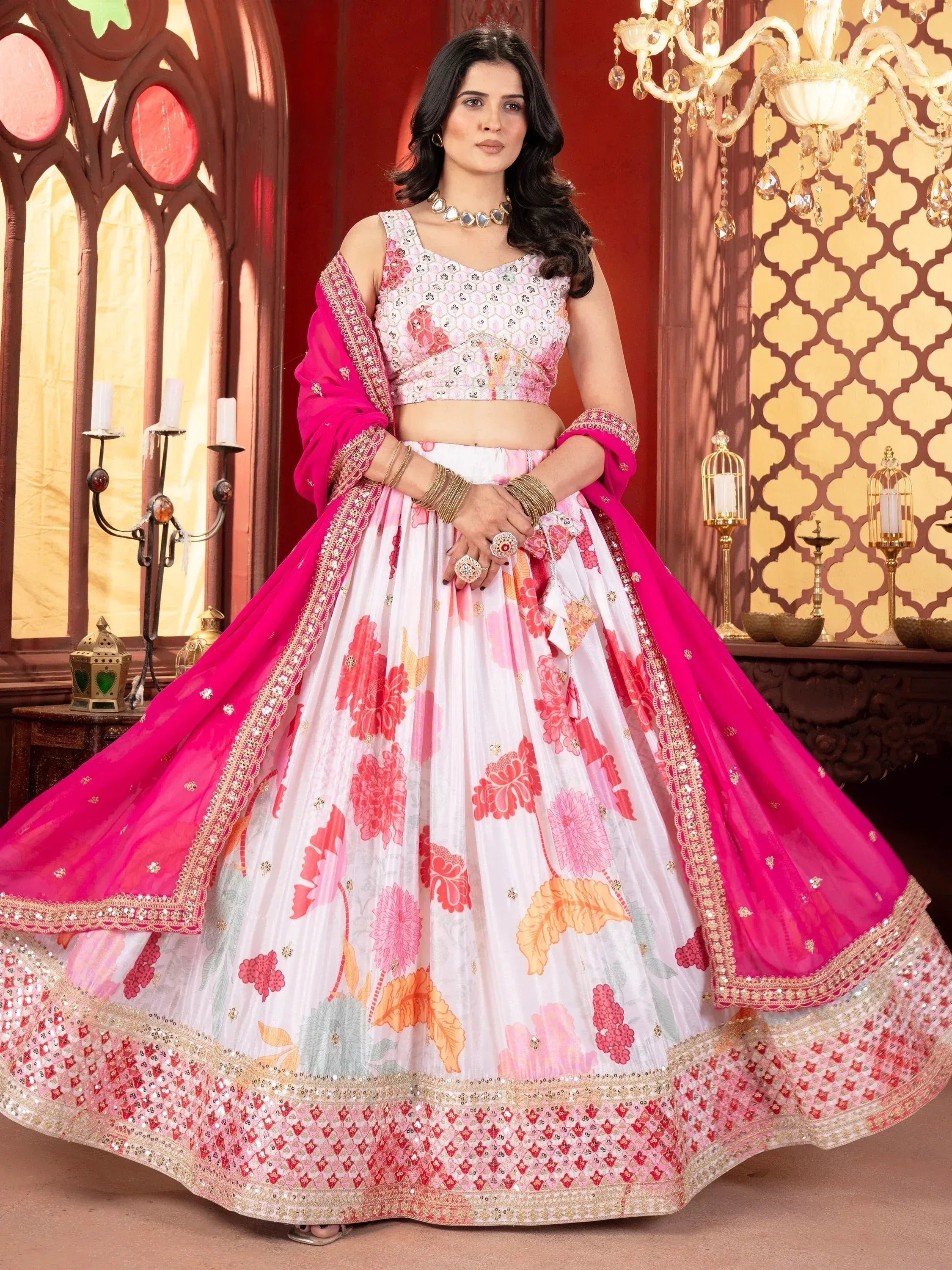 Pink and white floral lehenga choli with sequin border, perfect for Indian weddings and festive occasions