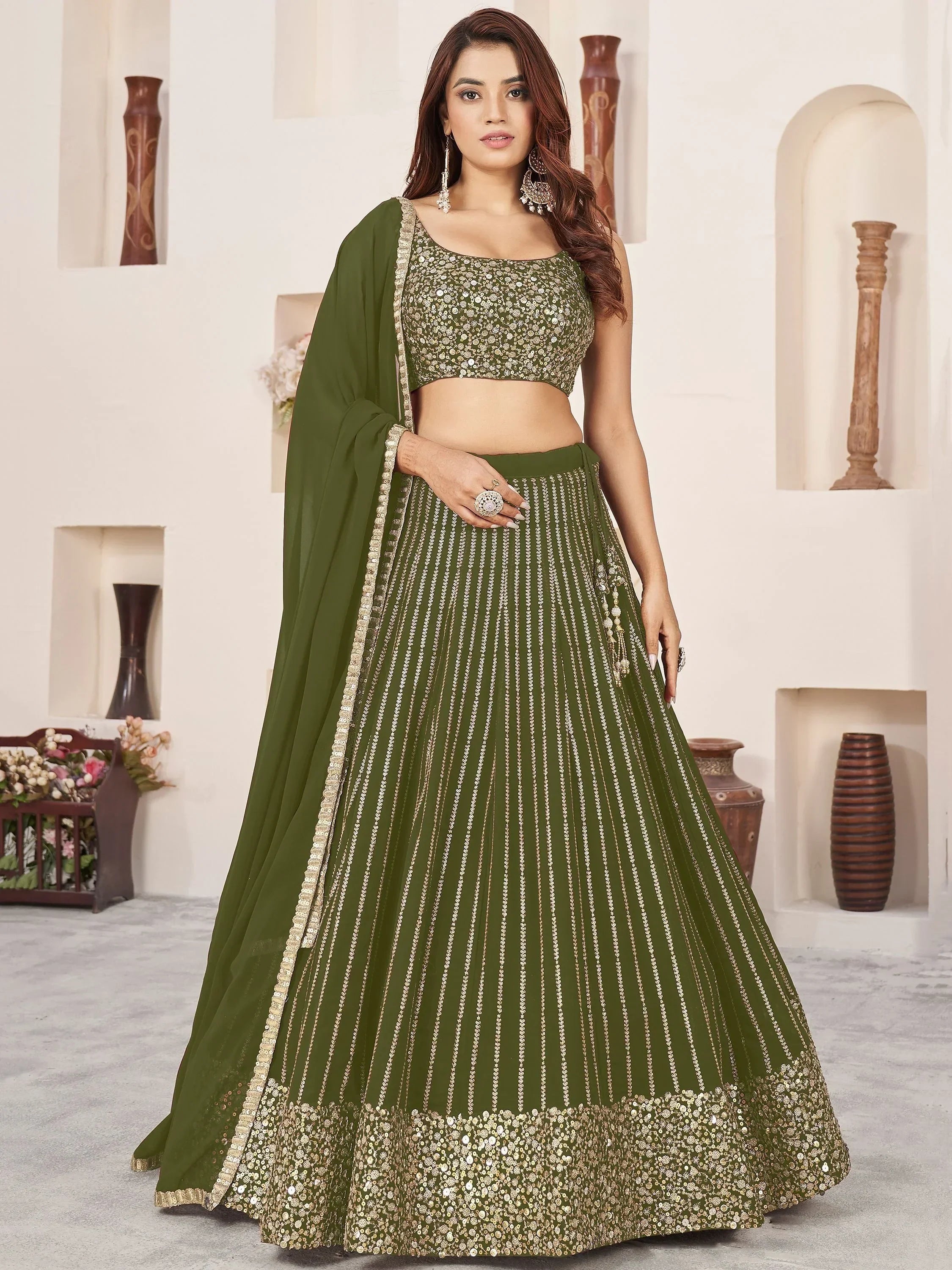 Olive green designer lehenga choli with gold sequin work, perfect for Indian ethnic wear events