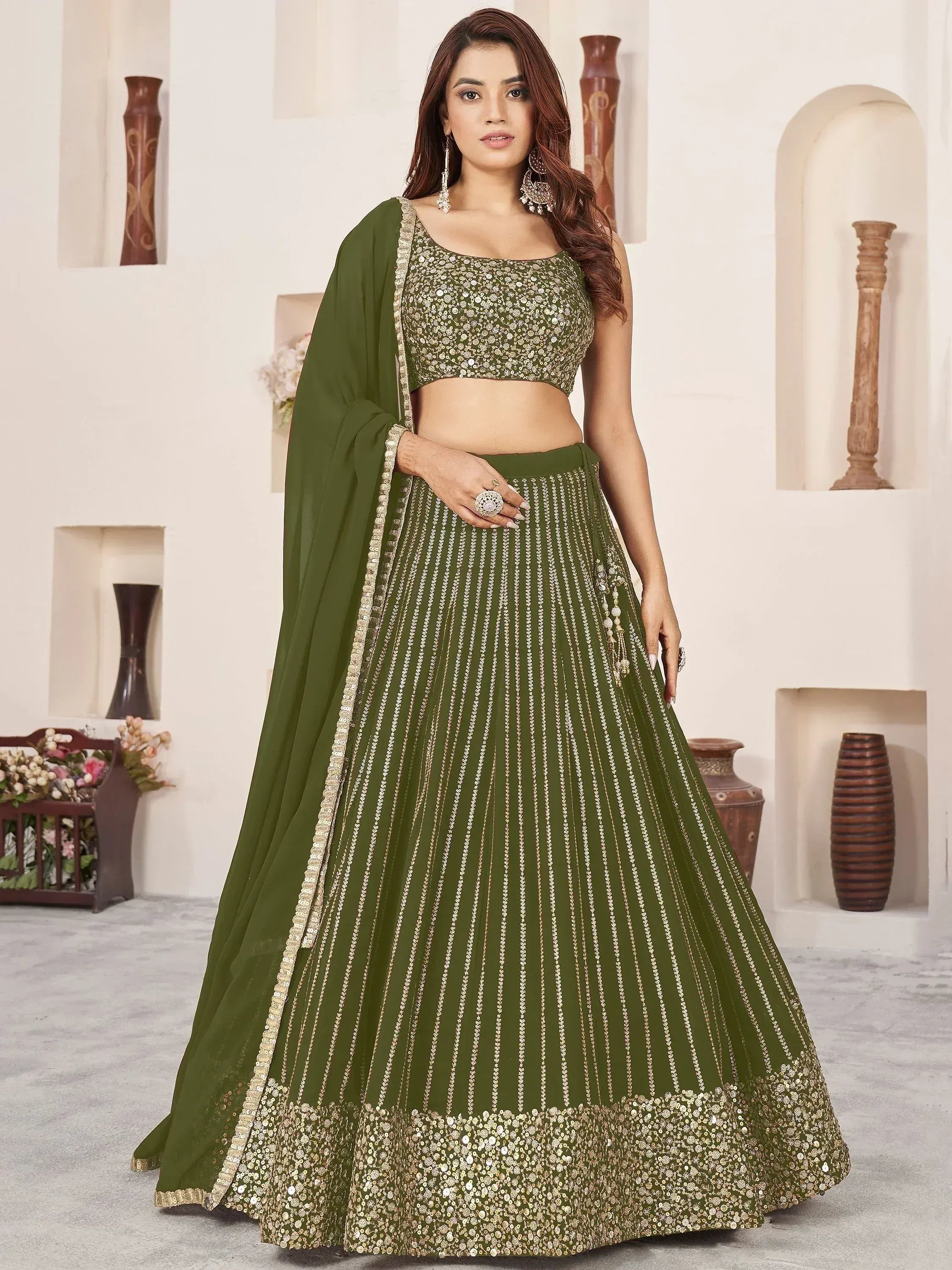 Olive green designer lehenga choli with gold sequin work, perfect for Indian ethnic wear events